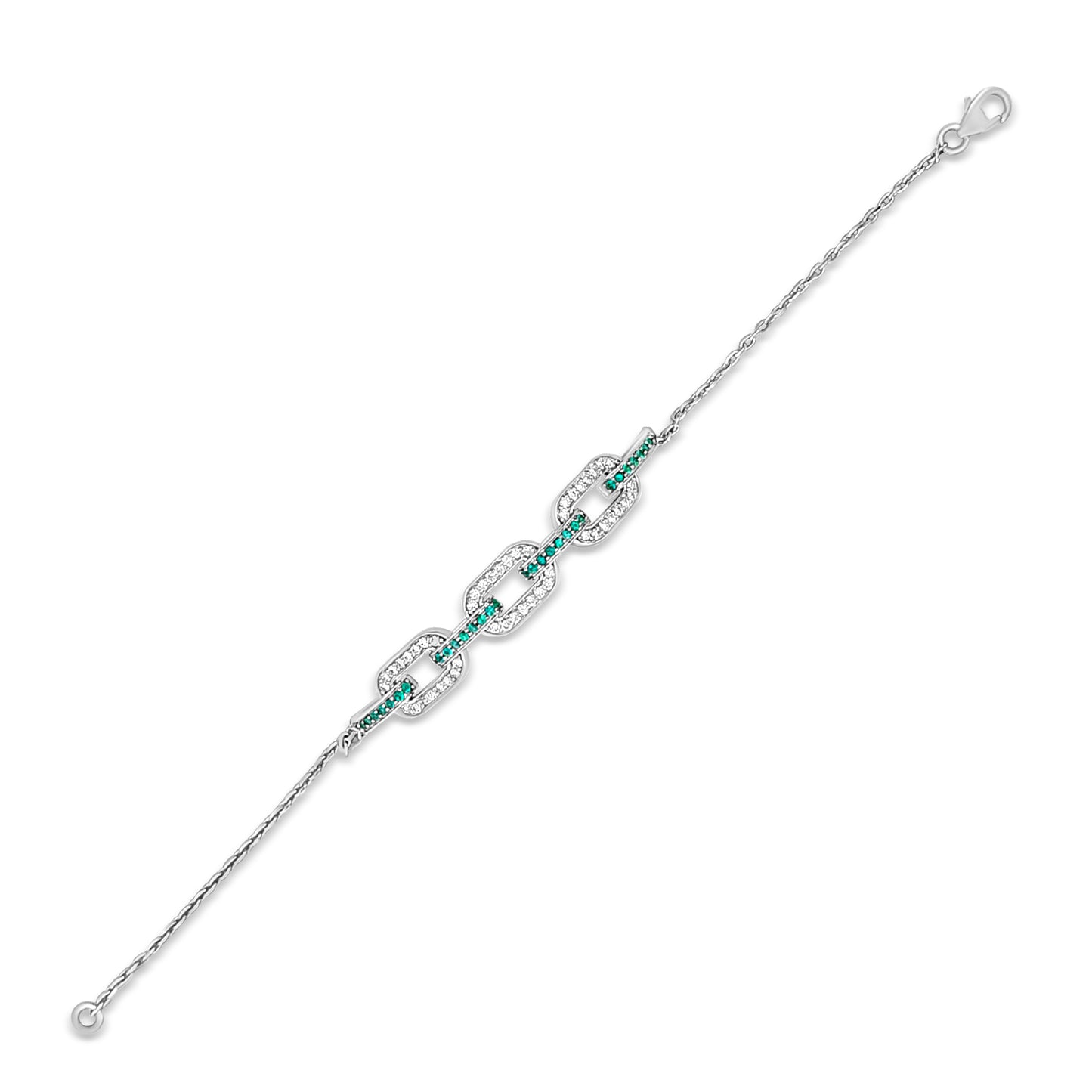 14K White Gold Lab-Grown Diamond and Emerald Chain Bracelet