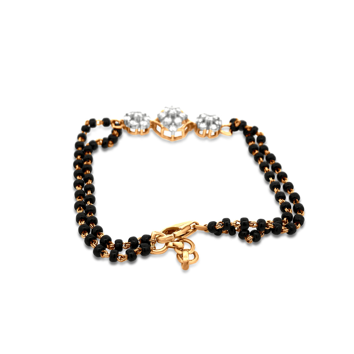 18K Yellow Gold Round Diamond Bracelet Fasten With Black Stone Link Chain