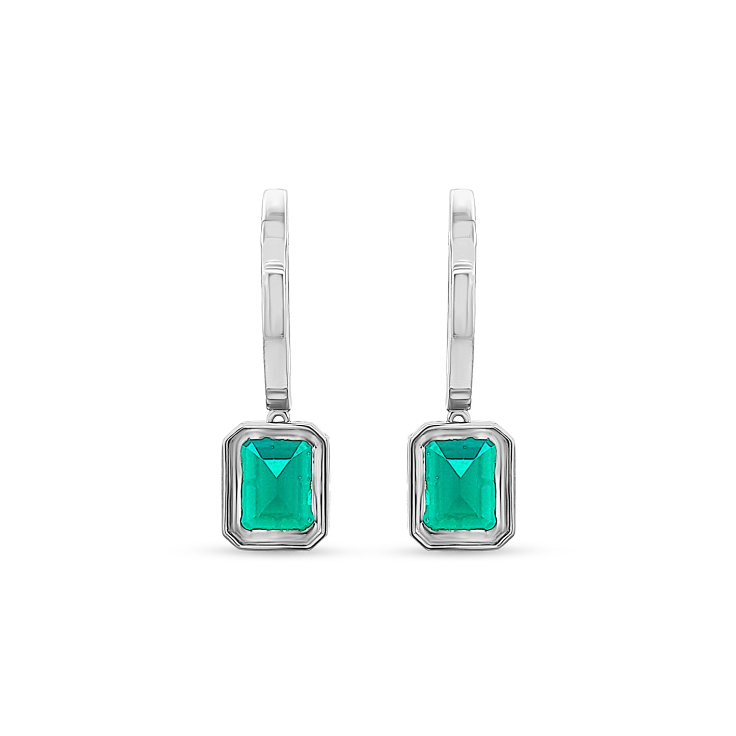 14K White Gold Lab-Grown Diamond Hoop Earrings with Hanging Emerald