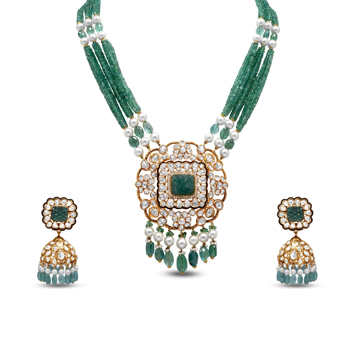 Polki Necklace Set With Pearl And Diamond In 18K Yellow Gold