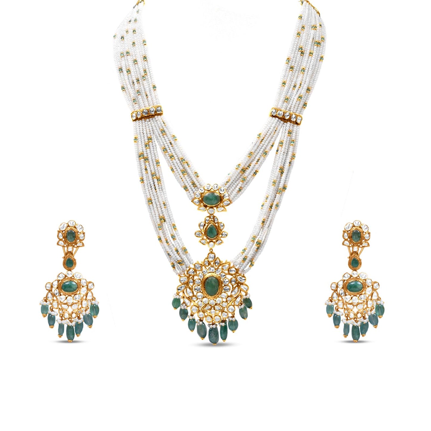 Polki Necklace Set With Emerald And Pearl In 18K Yellow Gold