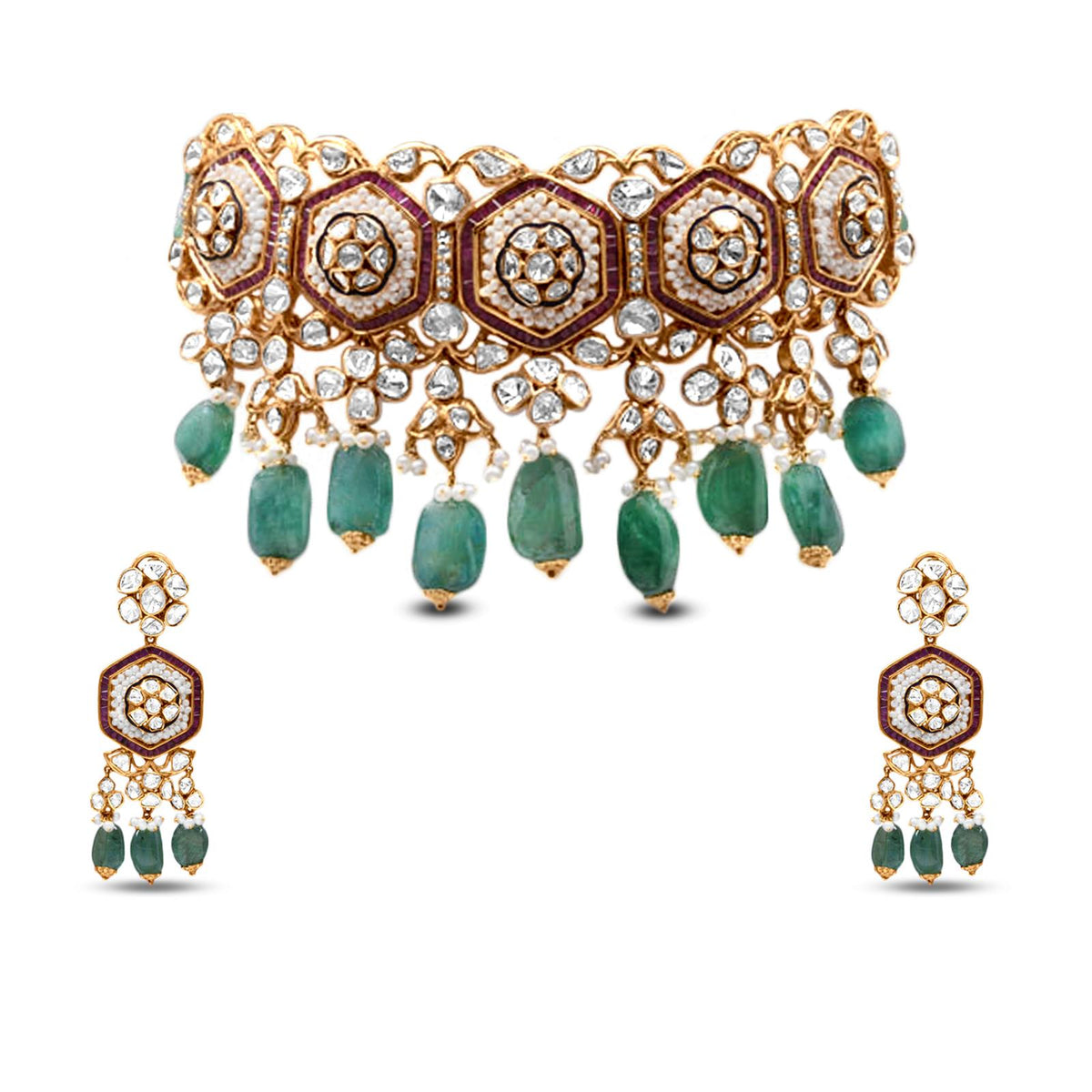 Choker Polki Necklace With Emerald, Pearl And Ruby In 18K Yellow Gold