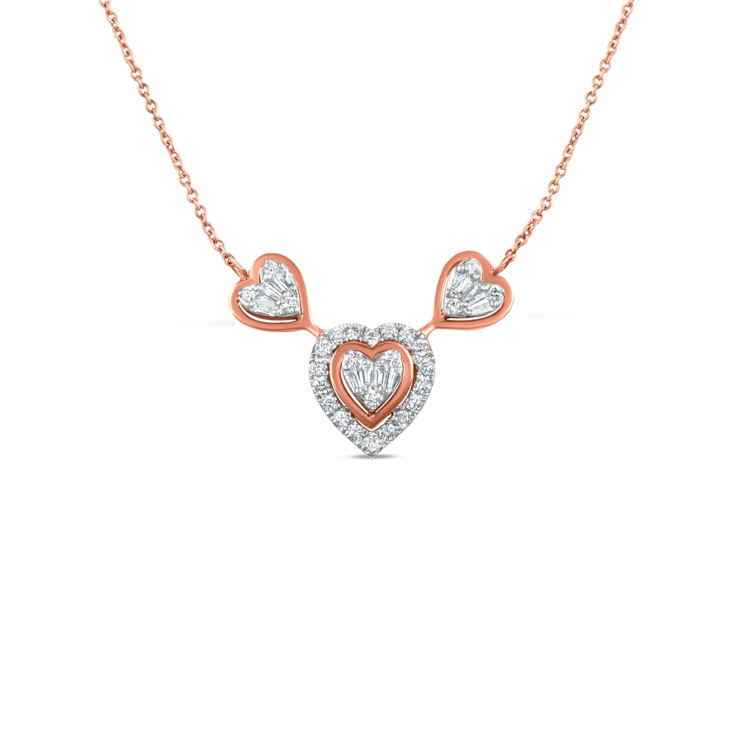 18k Rose Gold Triple Heart Diamond Pendant Necklace