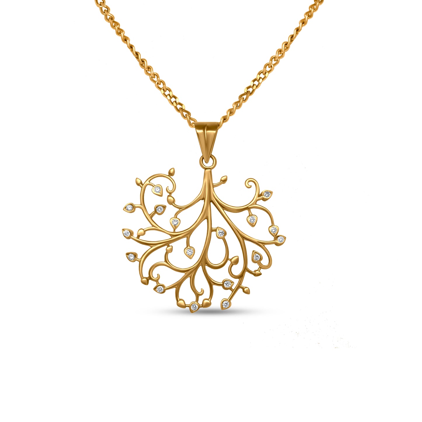 18k Yellow Gold Tree Motif VS Quality Diamond Pendant Necklace
