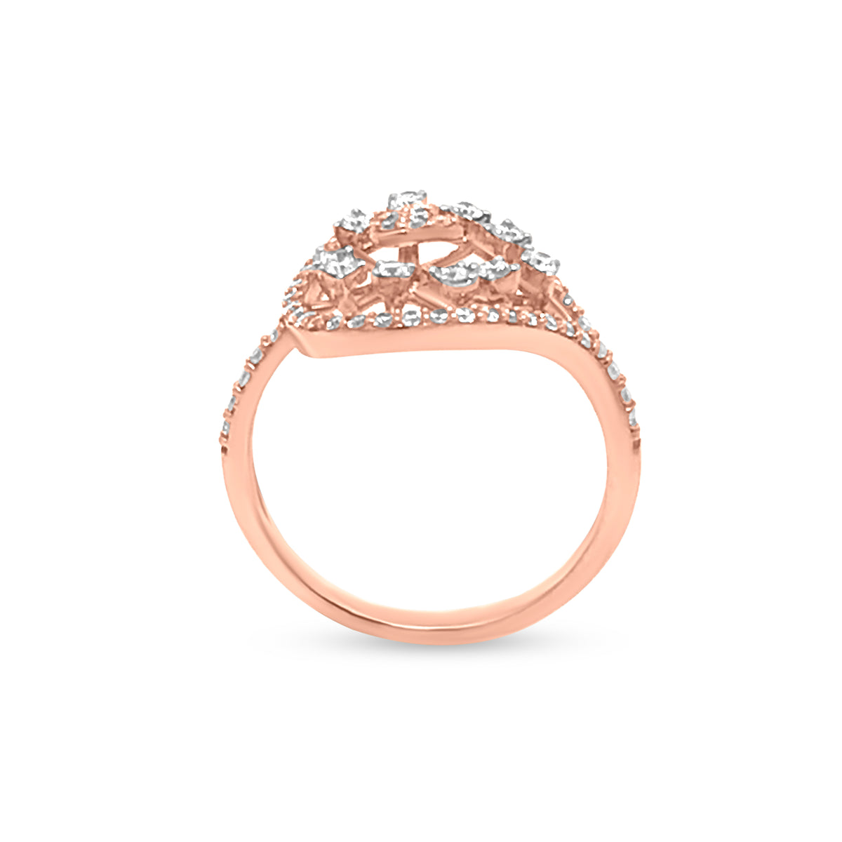 Nature-Inspired 18K Rose Gold Leaf Ring With Stunning Round Diamonds In The Center
