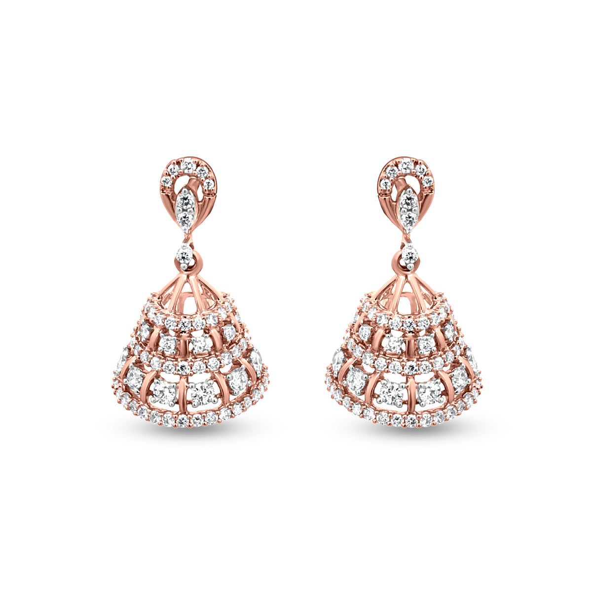 Indian Traditional Jhumkas or Drop Earring with Round Diamonds in 18k Rose Gold