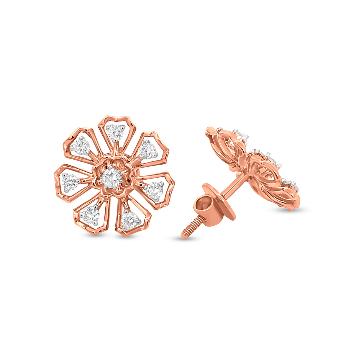 18k Rose Gold Diamond Floral Studs: Prong-Set Diamonds for a Beautiful Evening Party Earring
