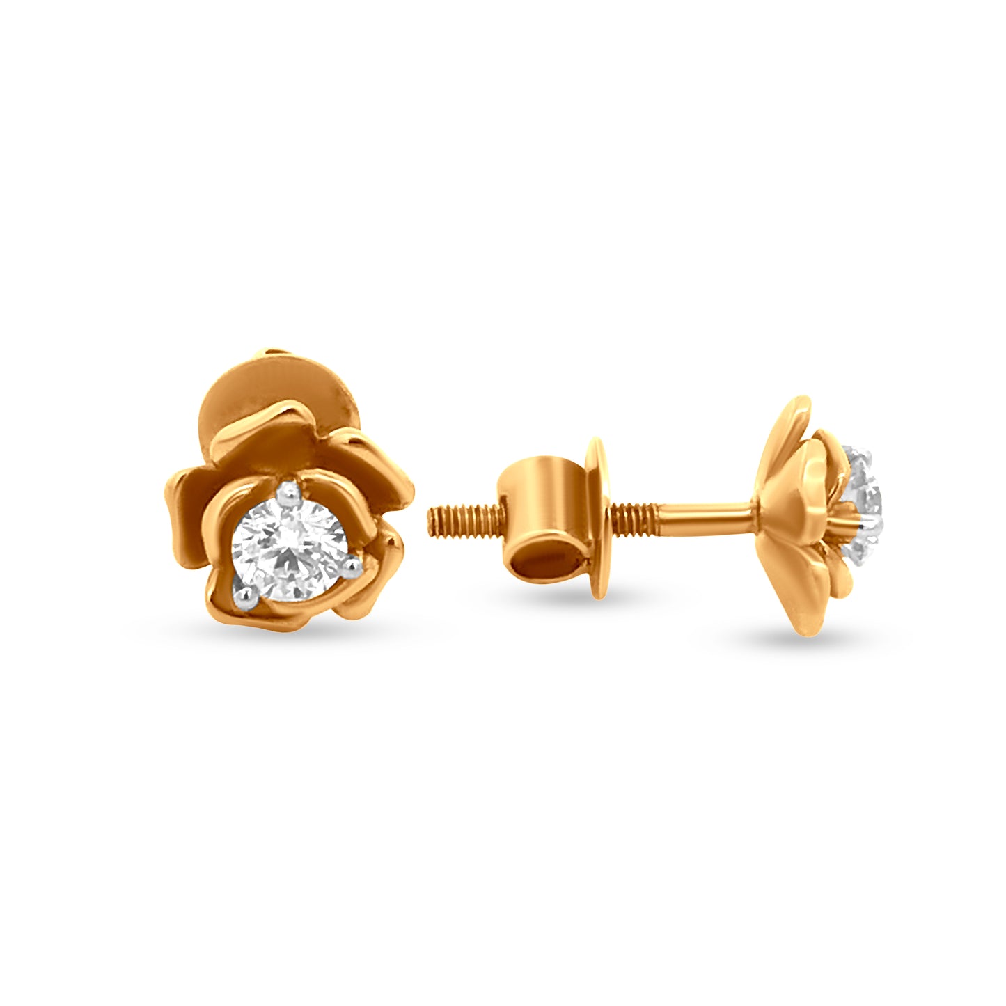 18k Yellow Gold Rose Flower Diamond Earrings with Solitaire Diamond Centerpiece