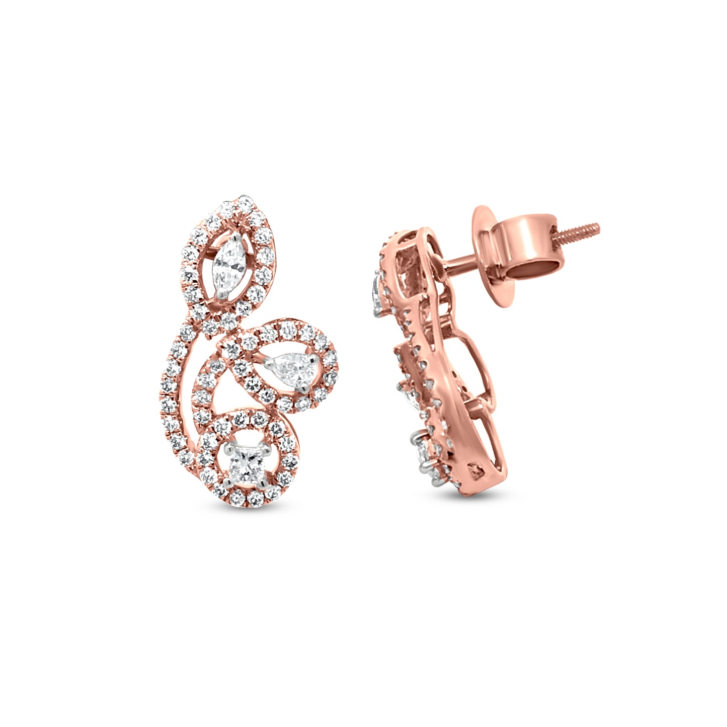 Stunning 18k Rose Gold Diamond Abstract Earrings with Crystal Cut Pear and Marquise Diamonds