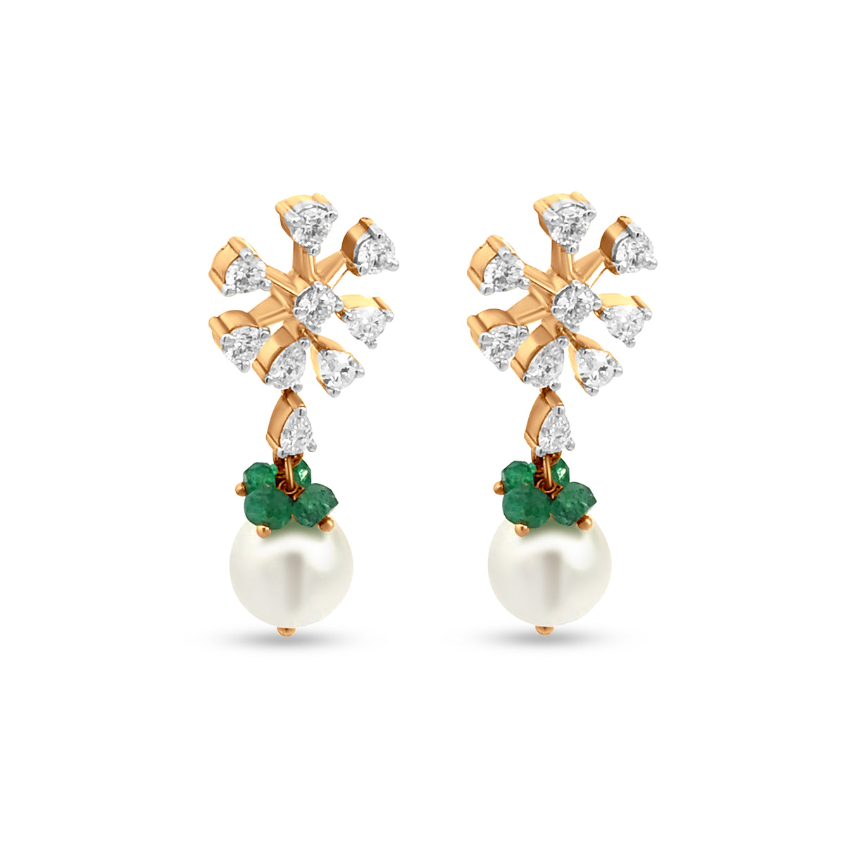 Pear Diamond, Green Stone & Pearl Flower Drop Earrings in 18K Yellow Gold