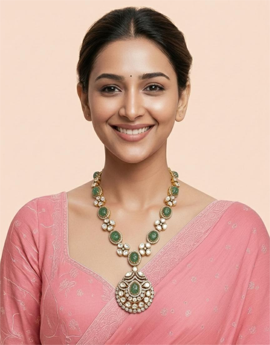 925 Silver Kundan Half Necklace Set with Green Semi-Precious Stones