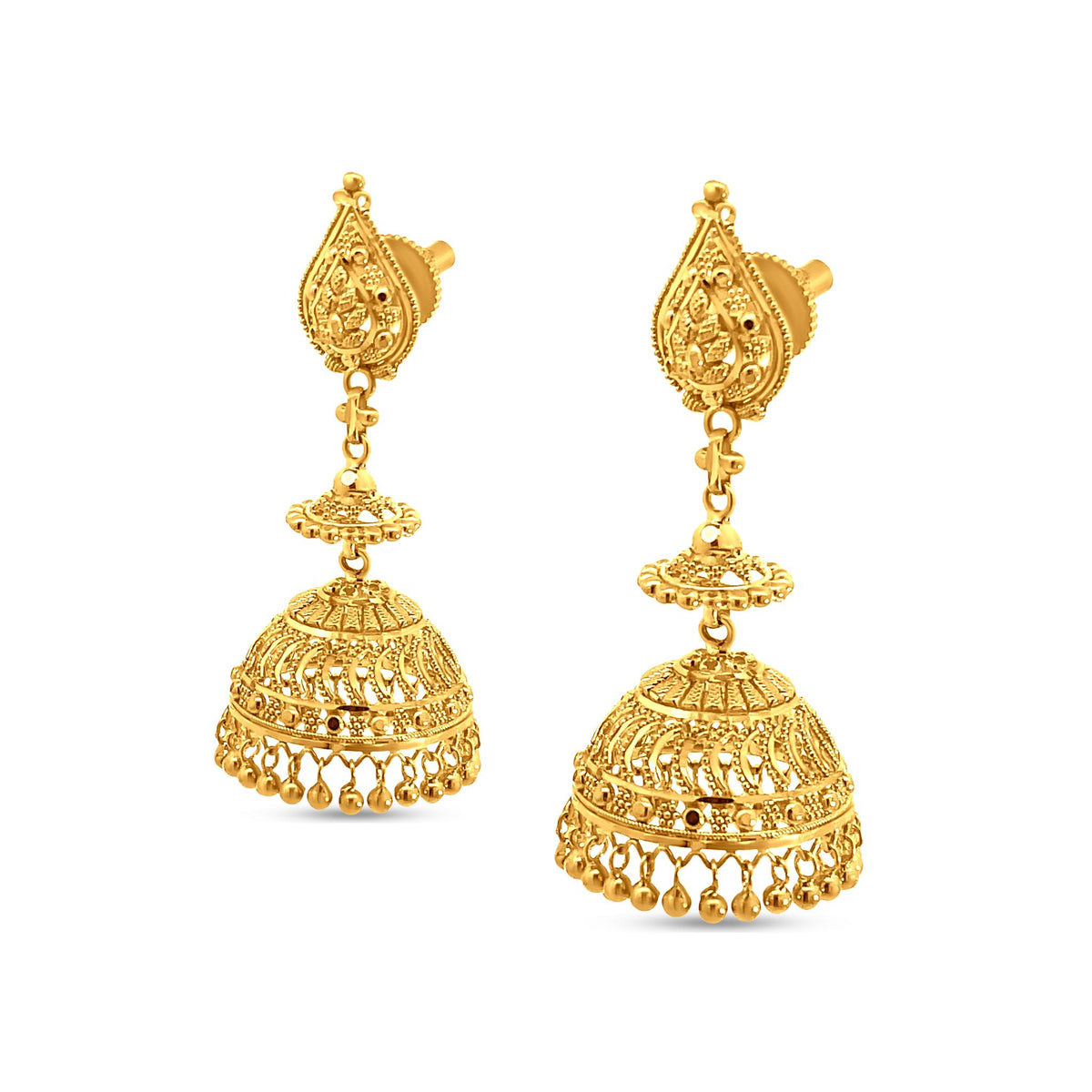 22K Yellow Gold Indian Traditional Jhumka Earrings for Weddings and Engagements