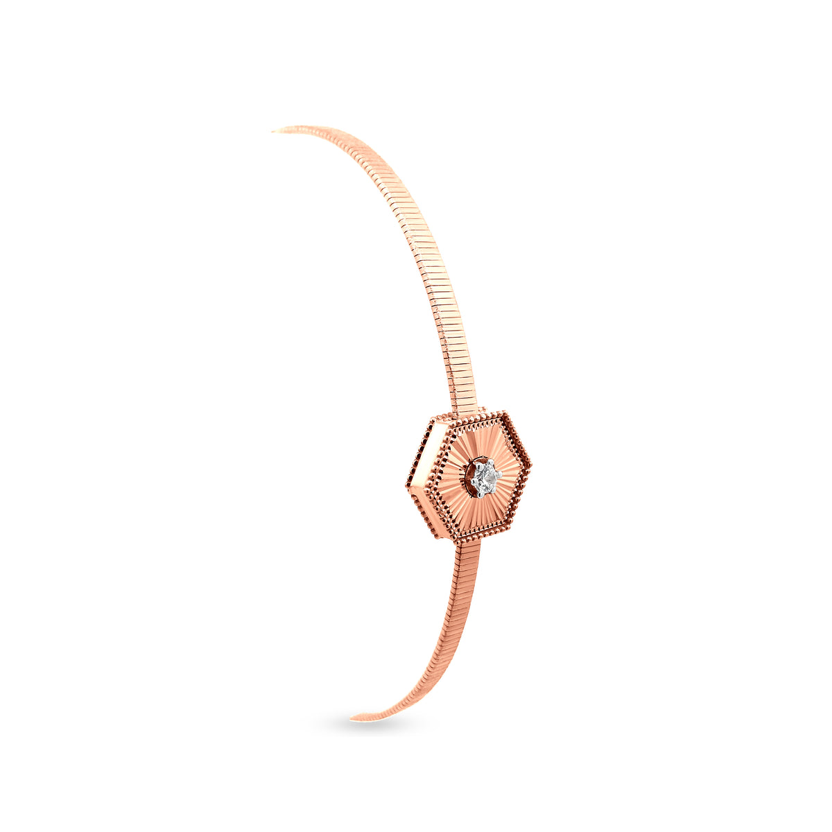 18k Rose Gold Stripe Heptagon Shape Bangle with Solitaire and Safety Lock - Perfect for Any Occasion