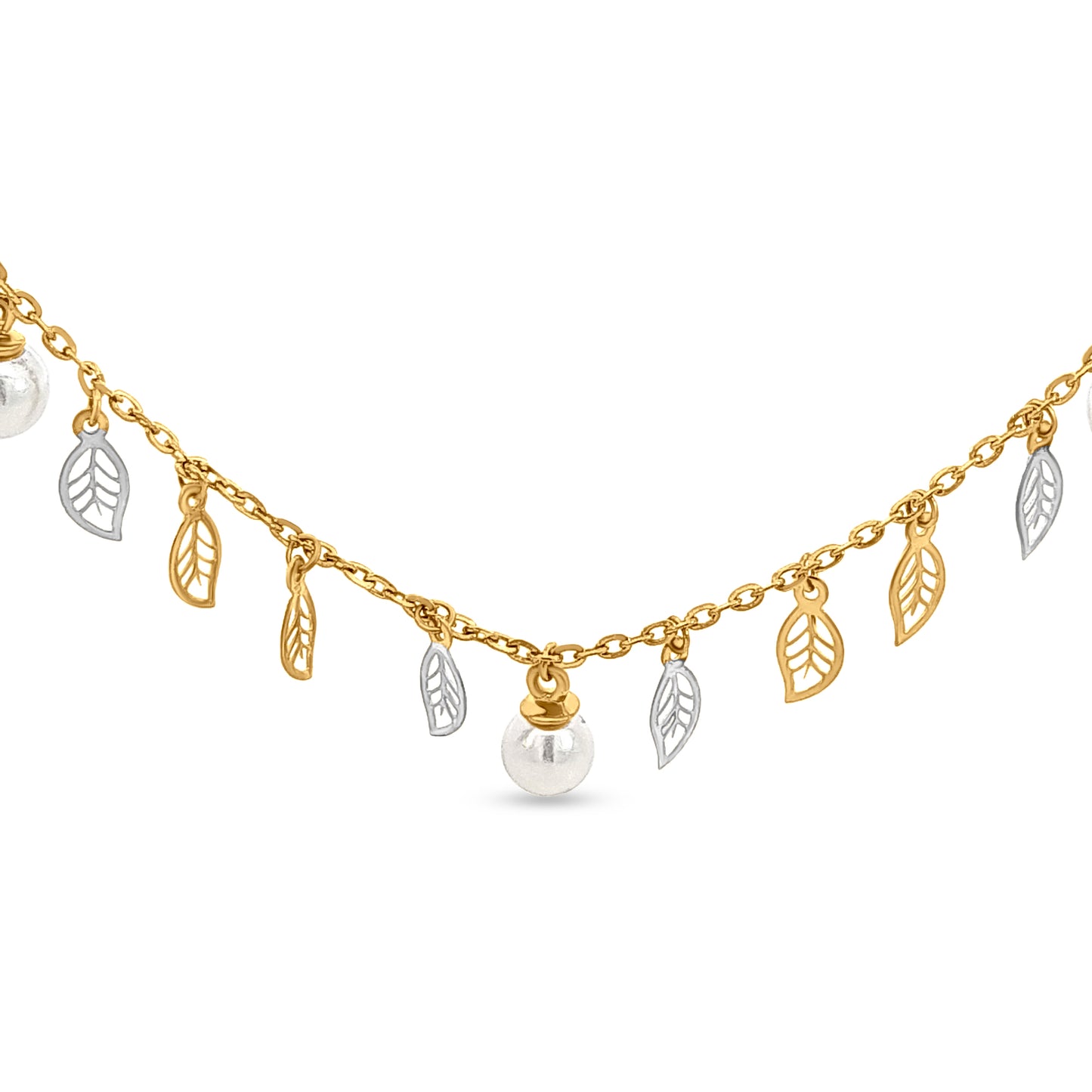 Ashiyana 18K White and Yellow Gold Charm Necklace with Pearls and Leaves