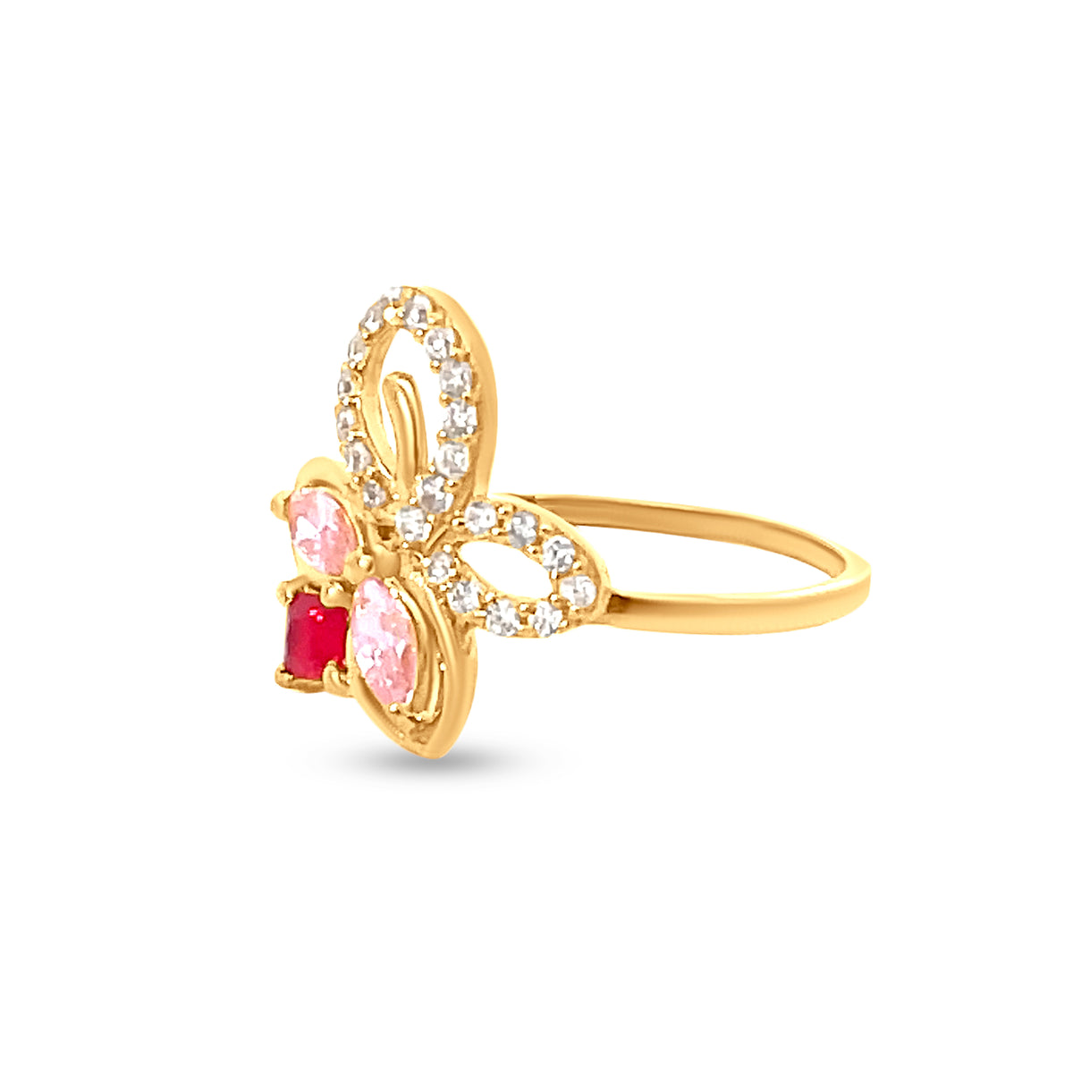 22K Yellow Gold Butterfly Motif Ring with Pink Stones and Cubic Zirconia