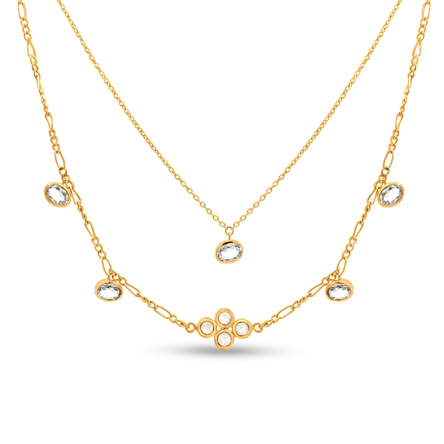 Sterling Silver Double Strand Chain with Crystal Bezel Beads