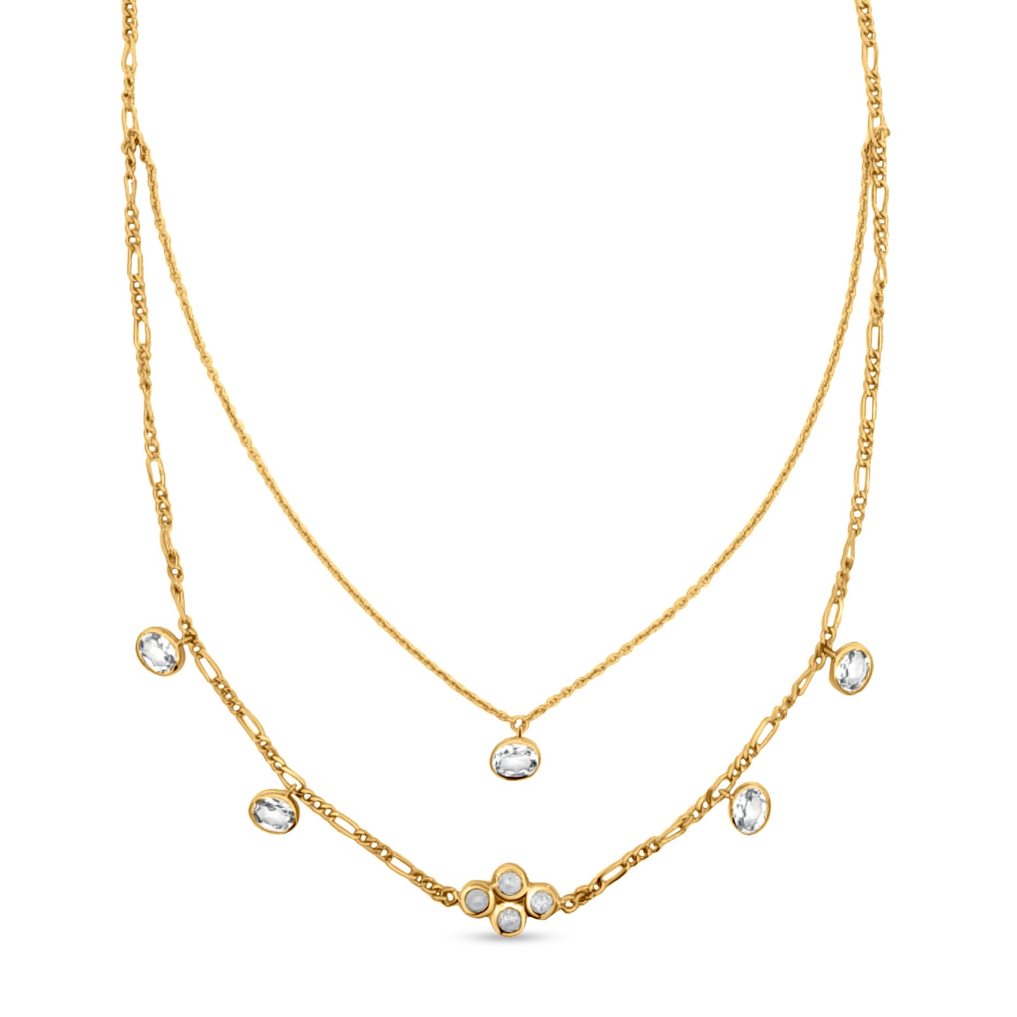 Sterling Silver Double Strand Chain with Crystal Bezel Beads
