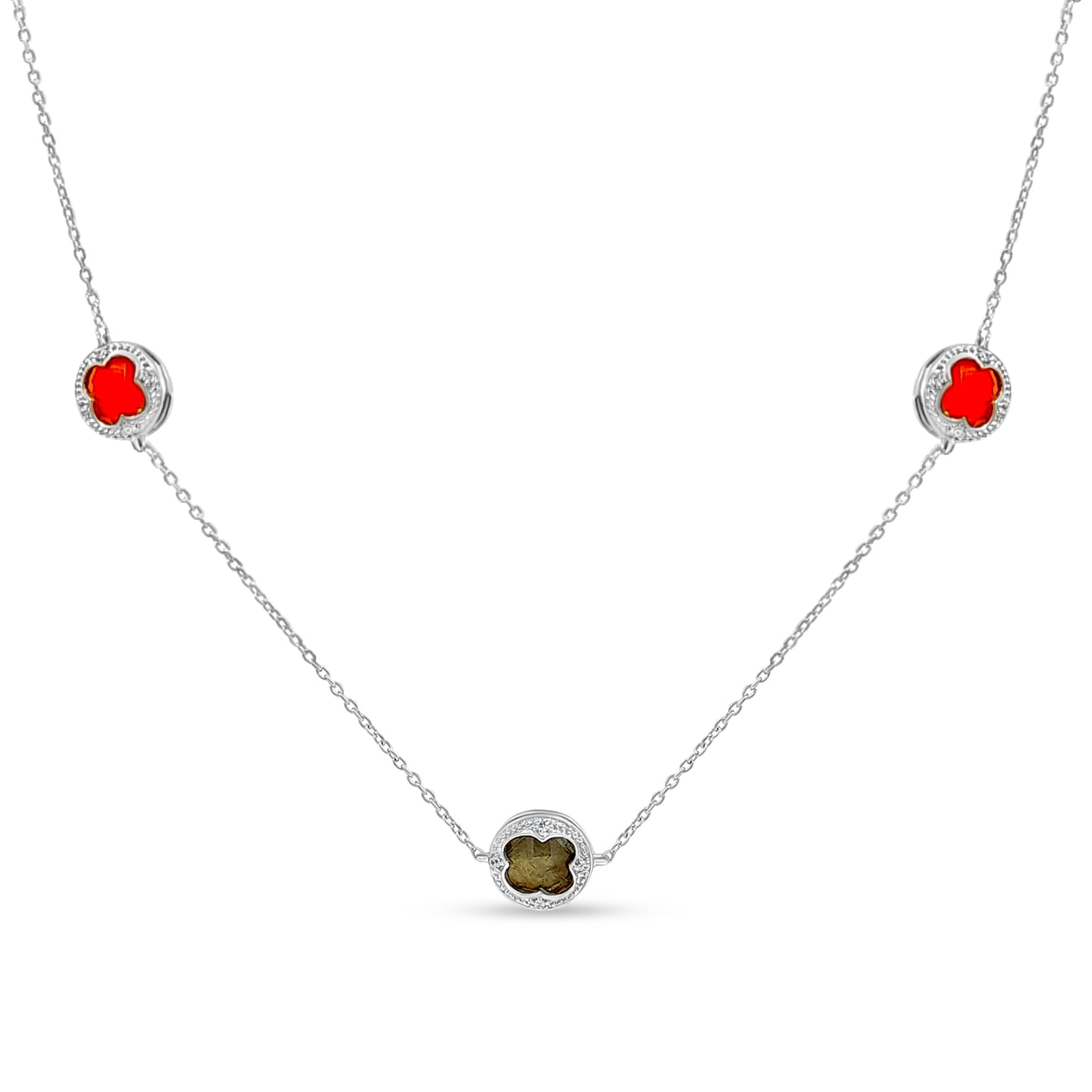 Sterling Silver Clover Necklace with Colorful Stones