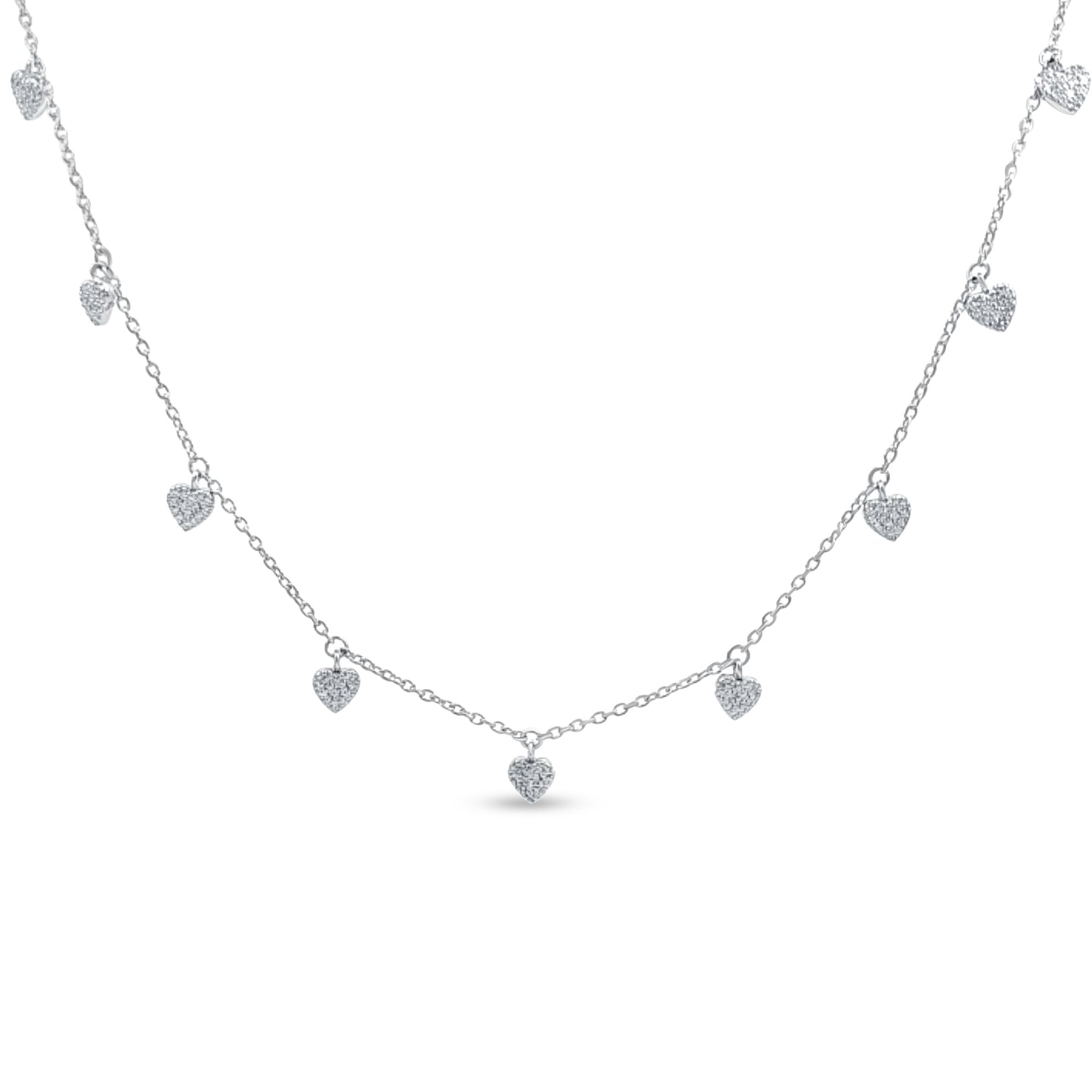 Sterling Silver Station Necklace with Dangling Heart Charms