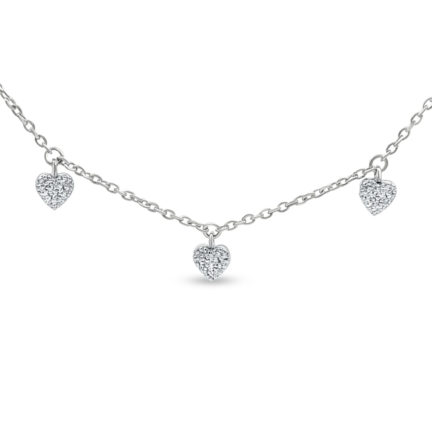 Sterling Silver Station Necklace with Dangling Heart Charms