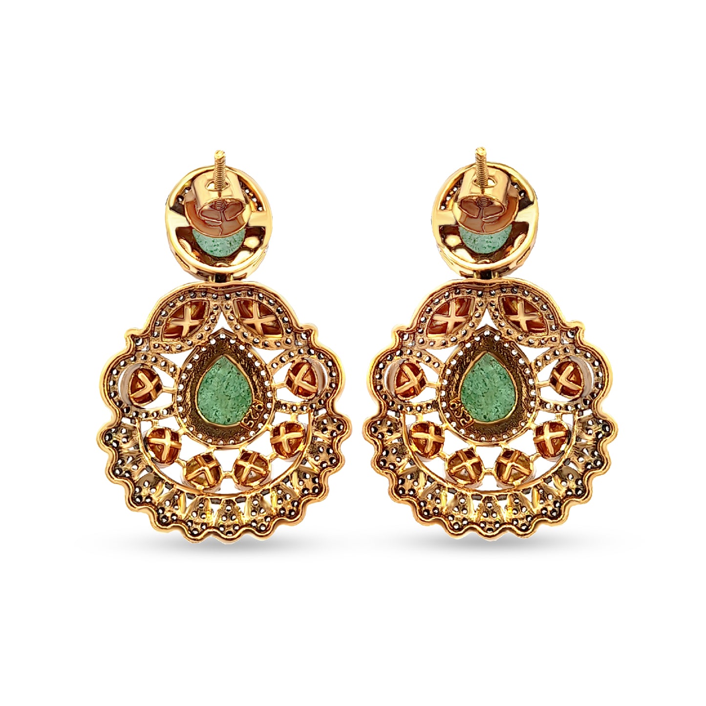 925 Silver Kundan Earrings with Carved Green Stone