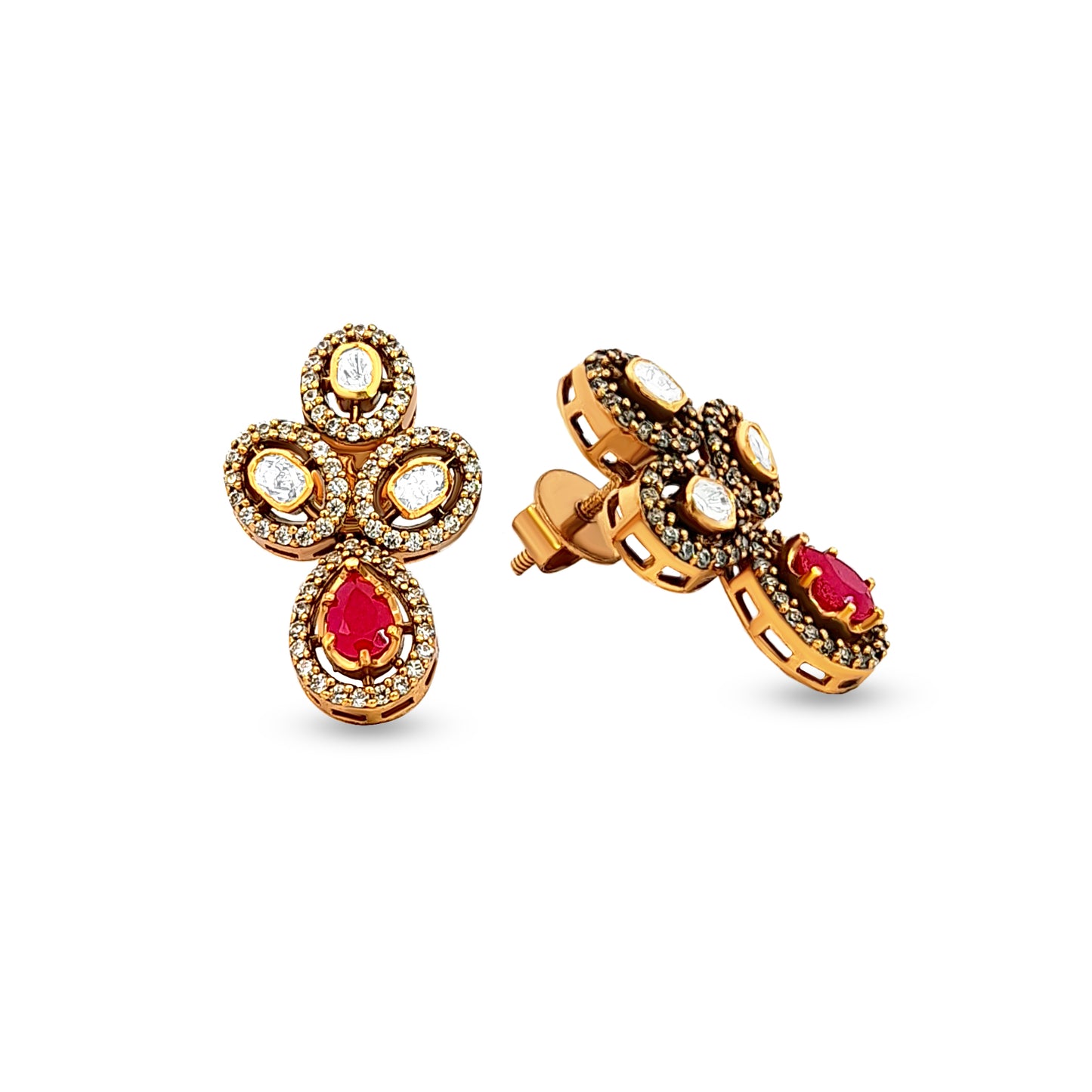 925 Silver Kundan Earrings with Red Stone Drop