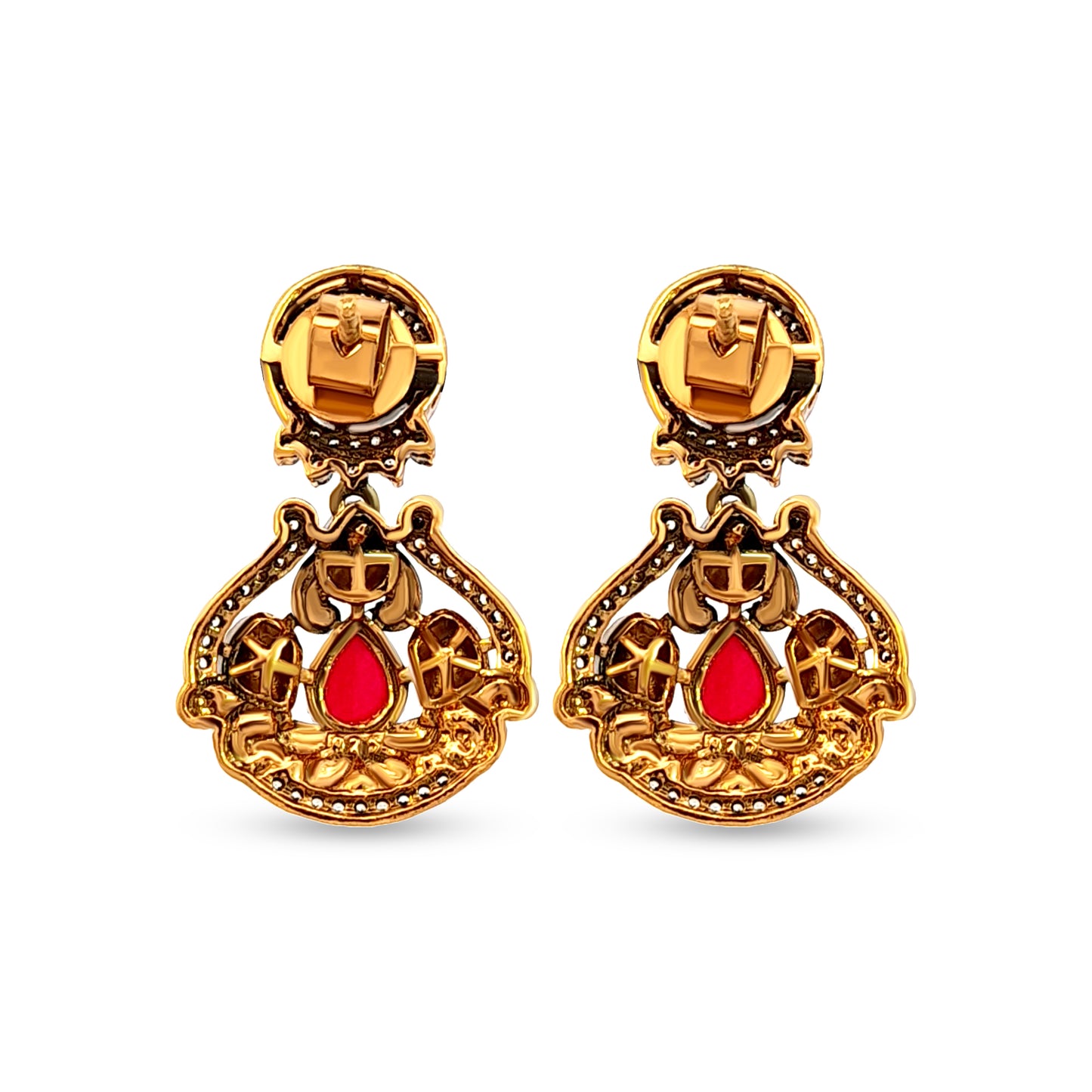 925 Silver Kundan Earrings with Red Stone