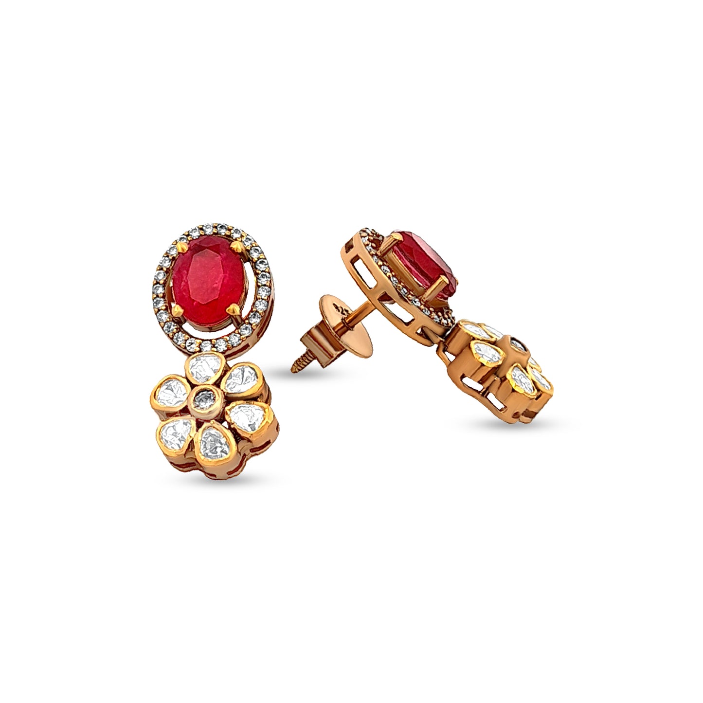 Radiant Red 925 Silver Kundan Floral Earrings