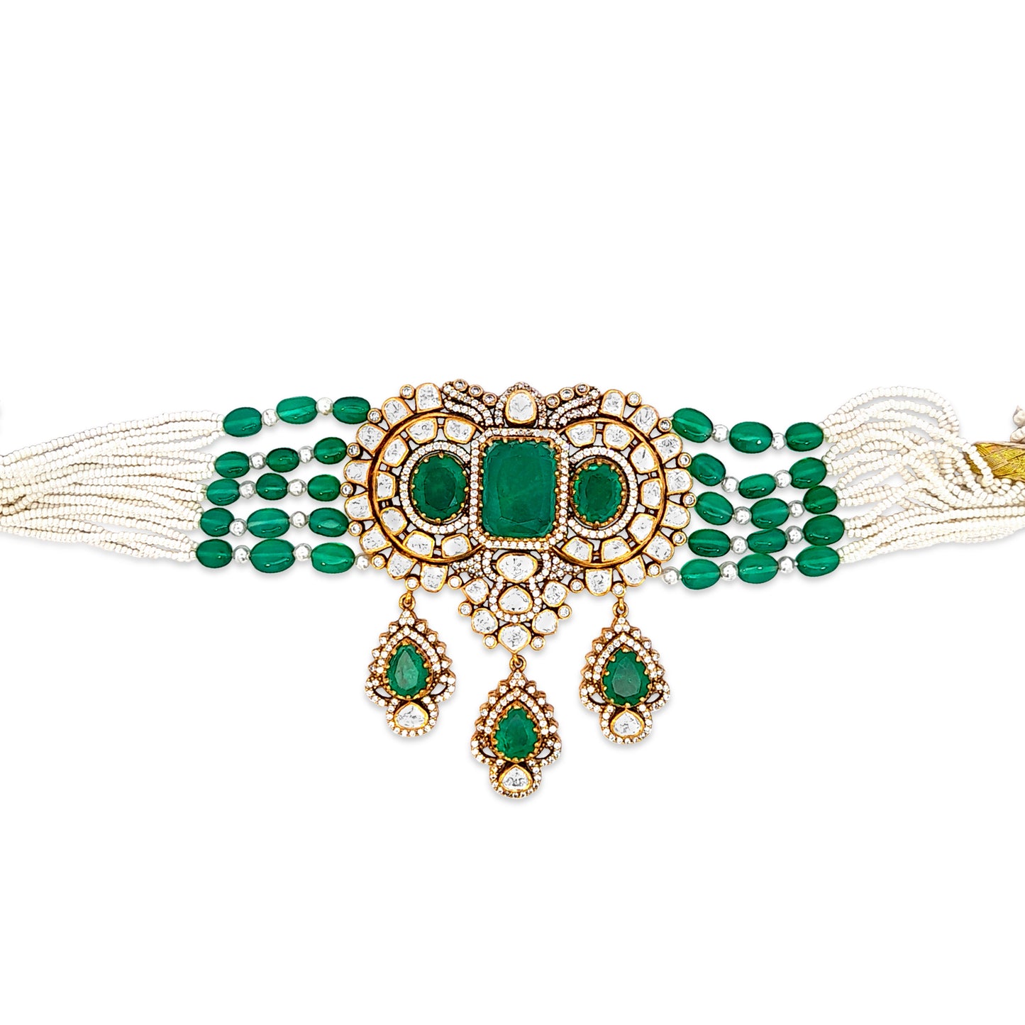 Elegant 925 Silver Kundan Half Set with Green Semi-Precious Stones