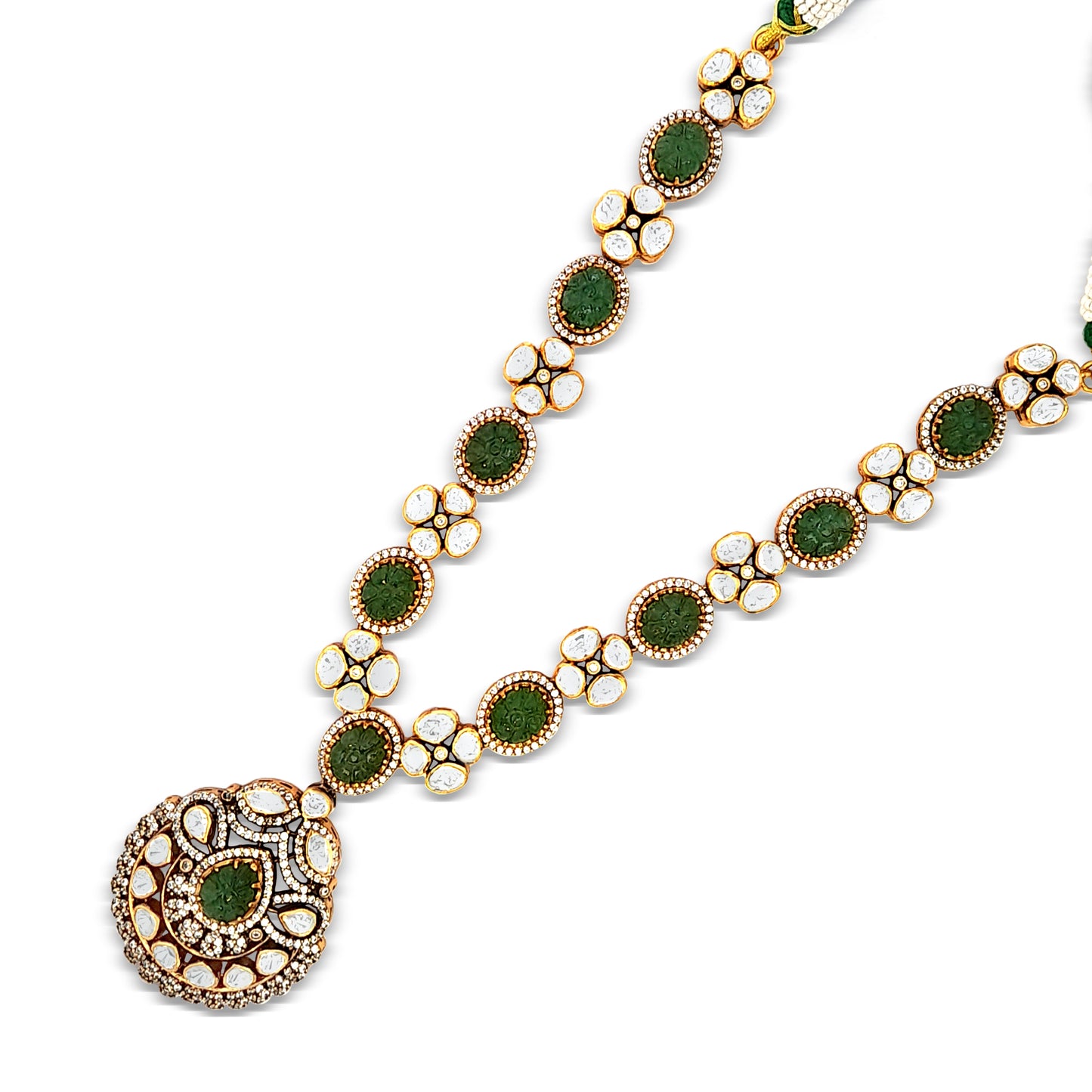925 Silver Kundan Half Necklace Set with Green Semi-Precious Stones