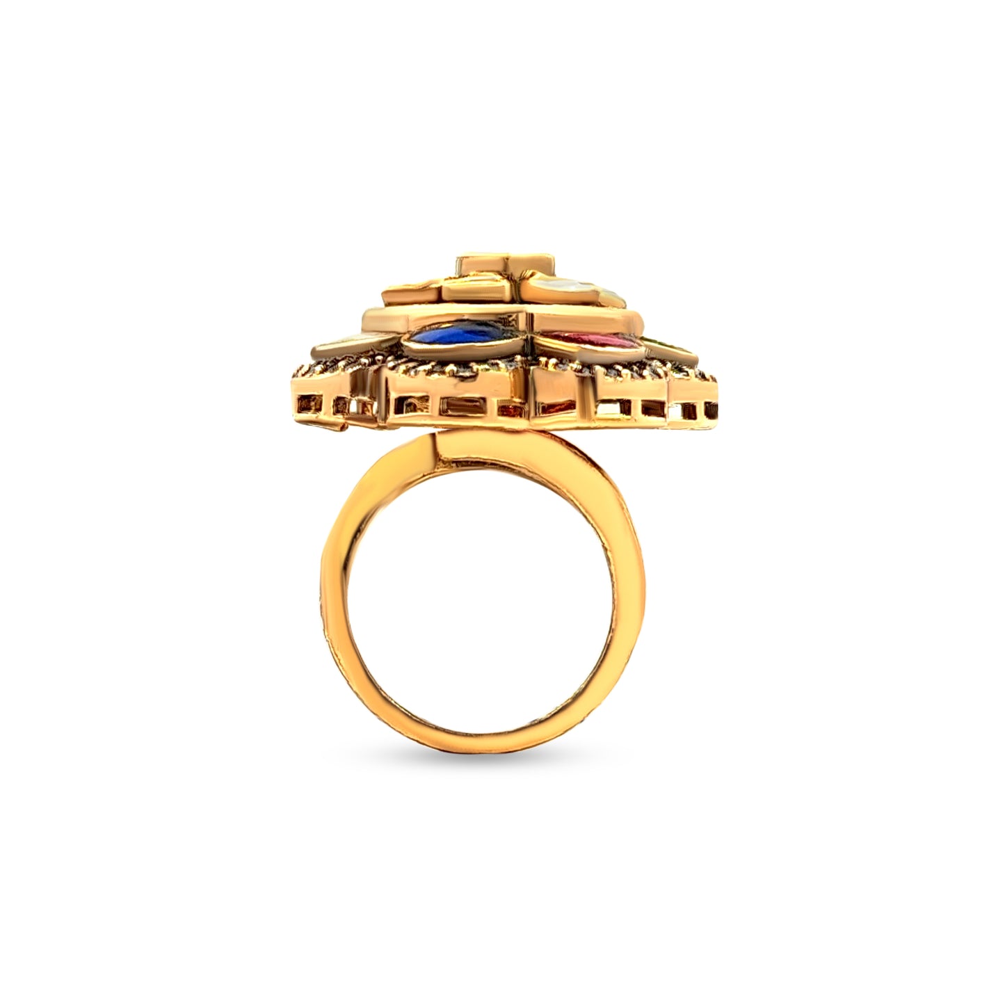 925 Silver Kundan Cocktail Ring with Colorful Stones