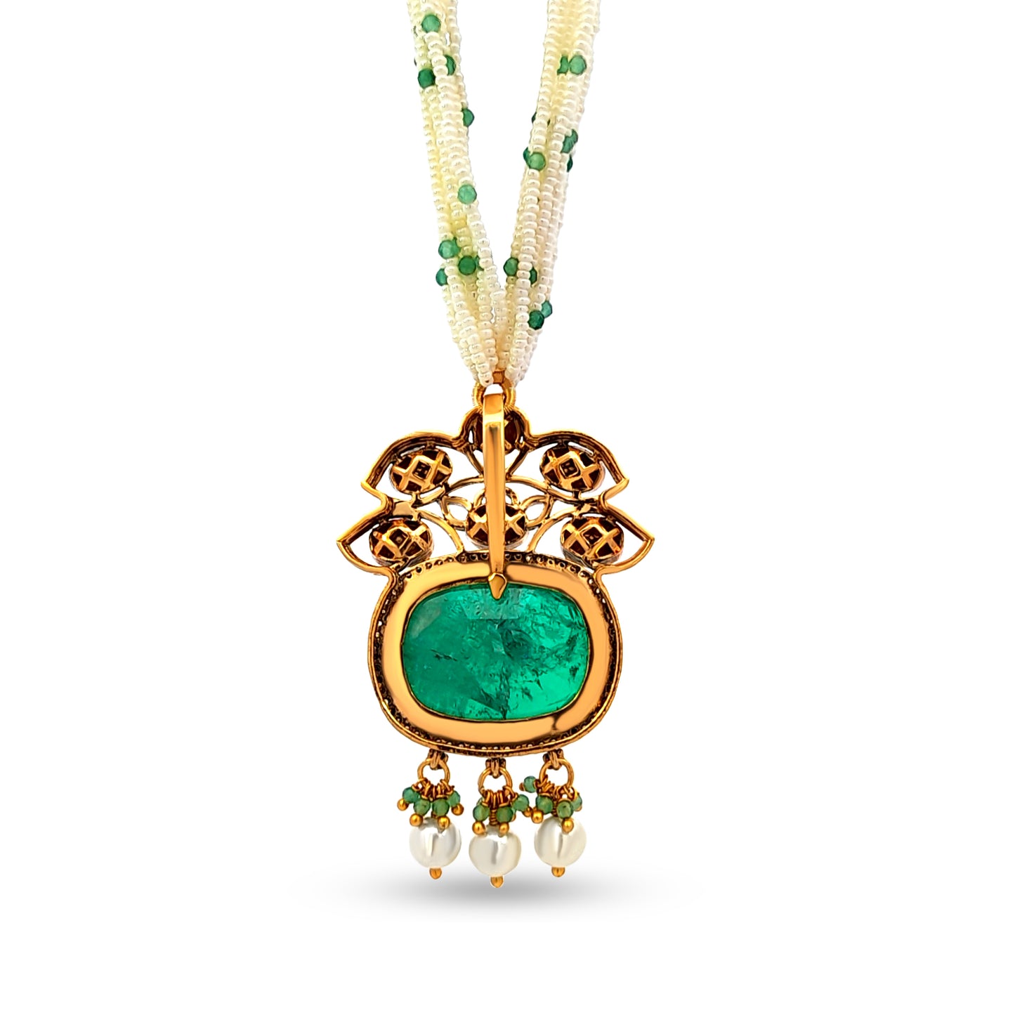 925 Silver kundan Pendant with Green Stone and Pearl Hangings