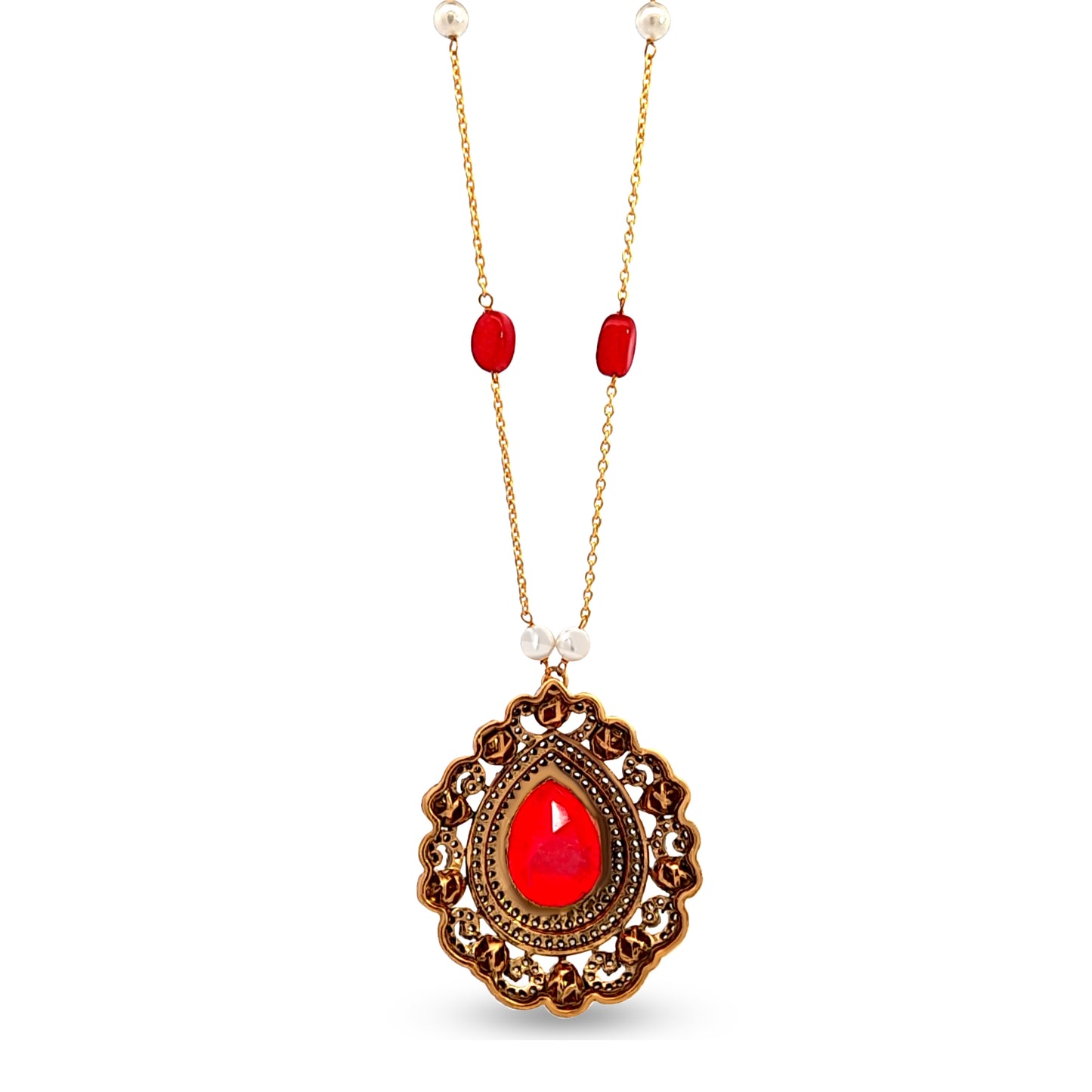 925 Silver Kundan Pendant with Pear-Shaped Red Stone