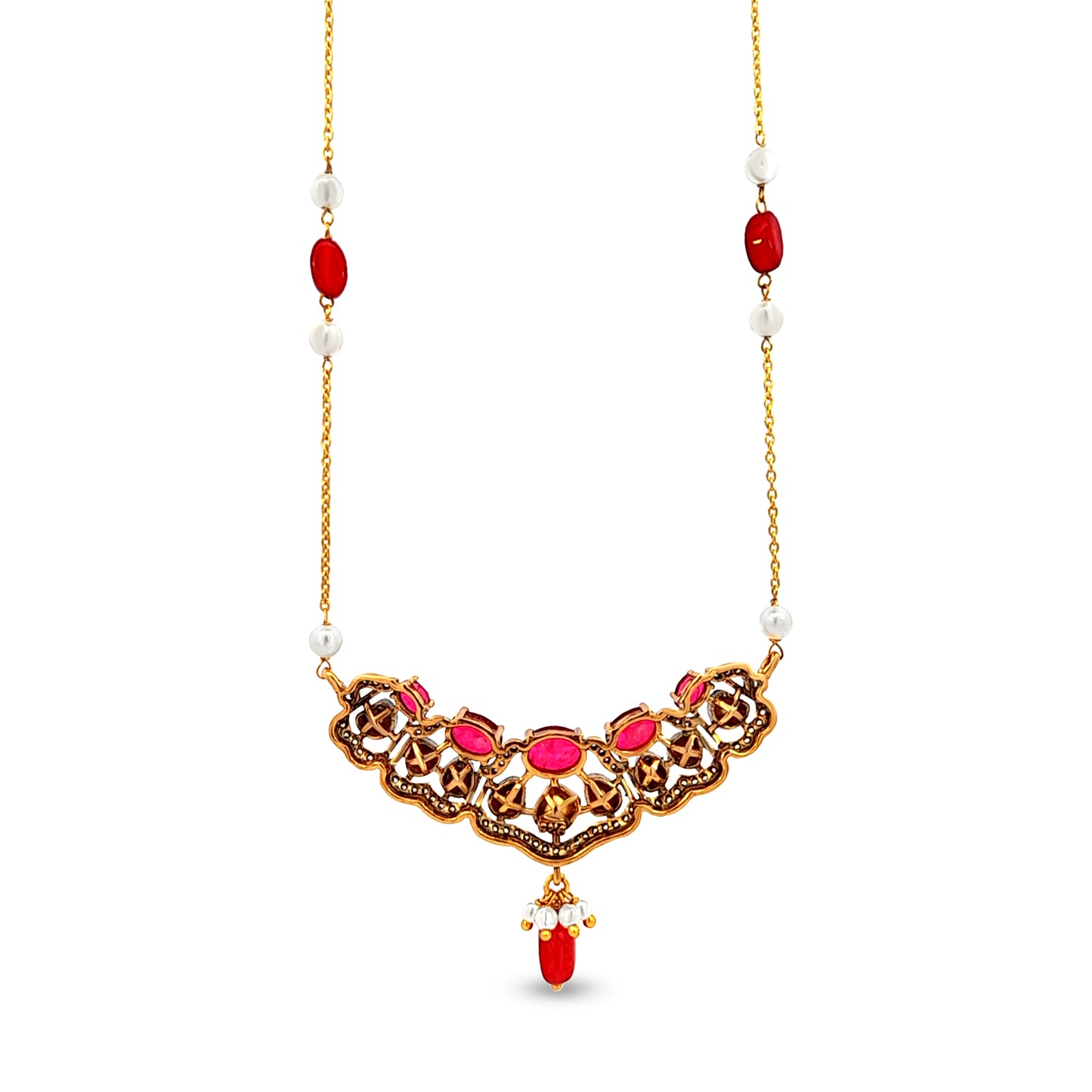 925 Silver Long Kundan Pendant with Pearls and Stone Trinkets