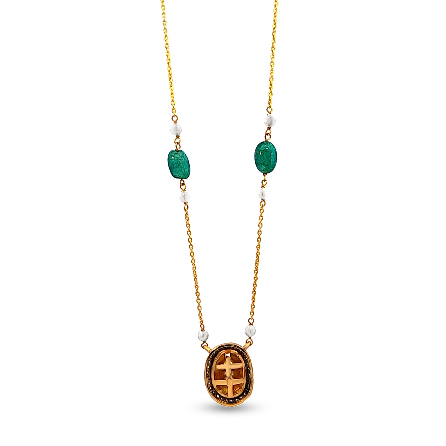 925 Silver Oval Kundan Pendant with Zircon Halo and Chain