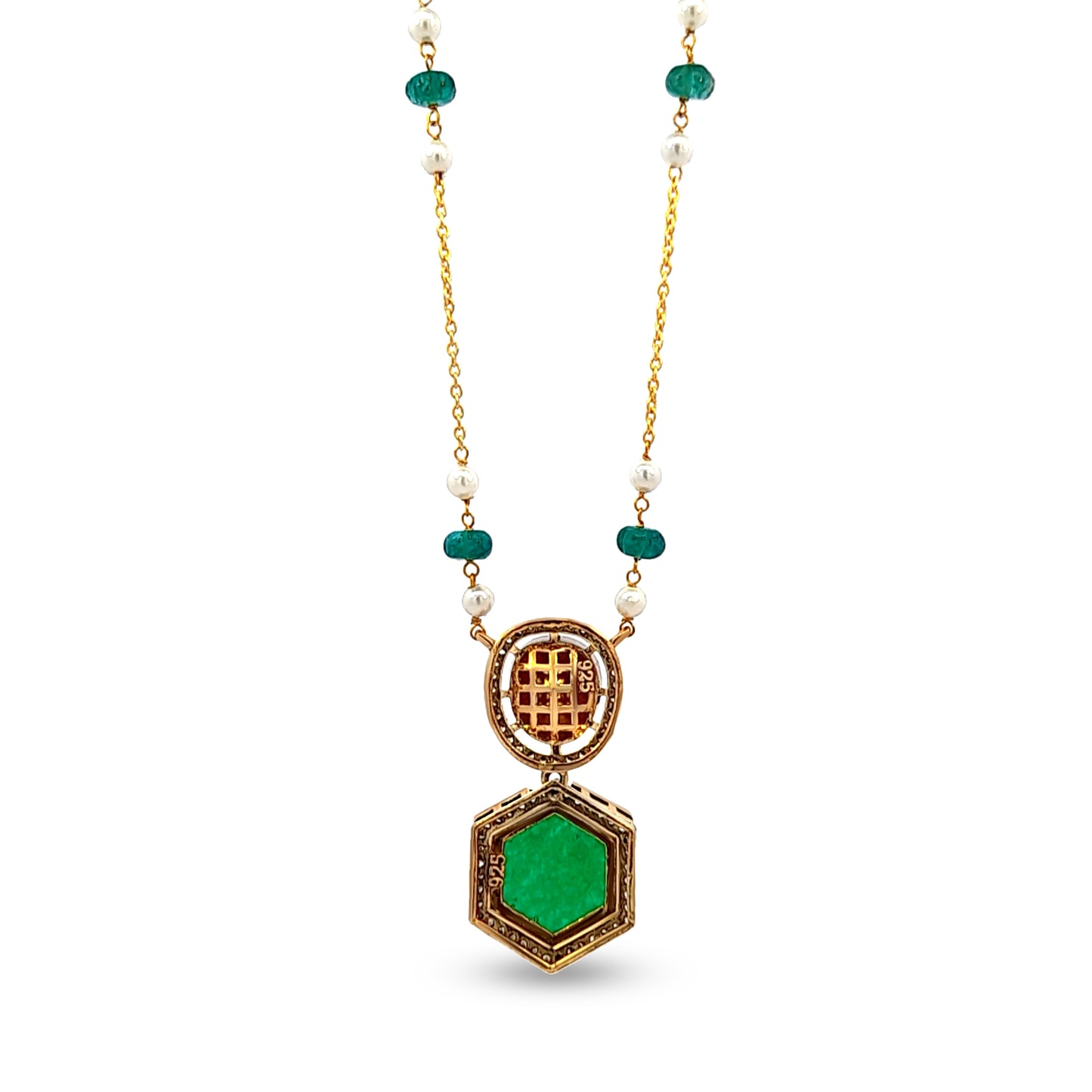 Bold 925 Silver Kundan Pendant with Semi-Precious Green Stone
