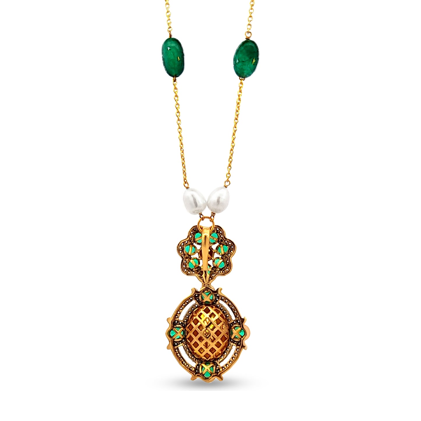 Bold 925 Silver Kundan Pendant with Green and White Stones
