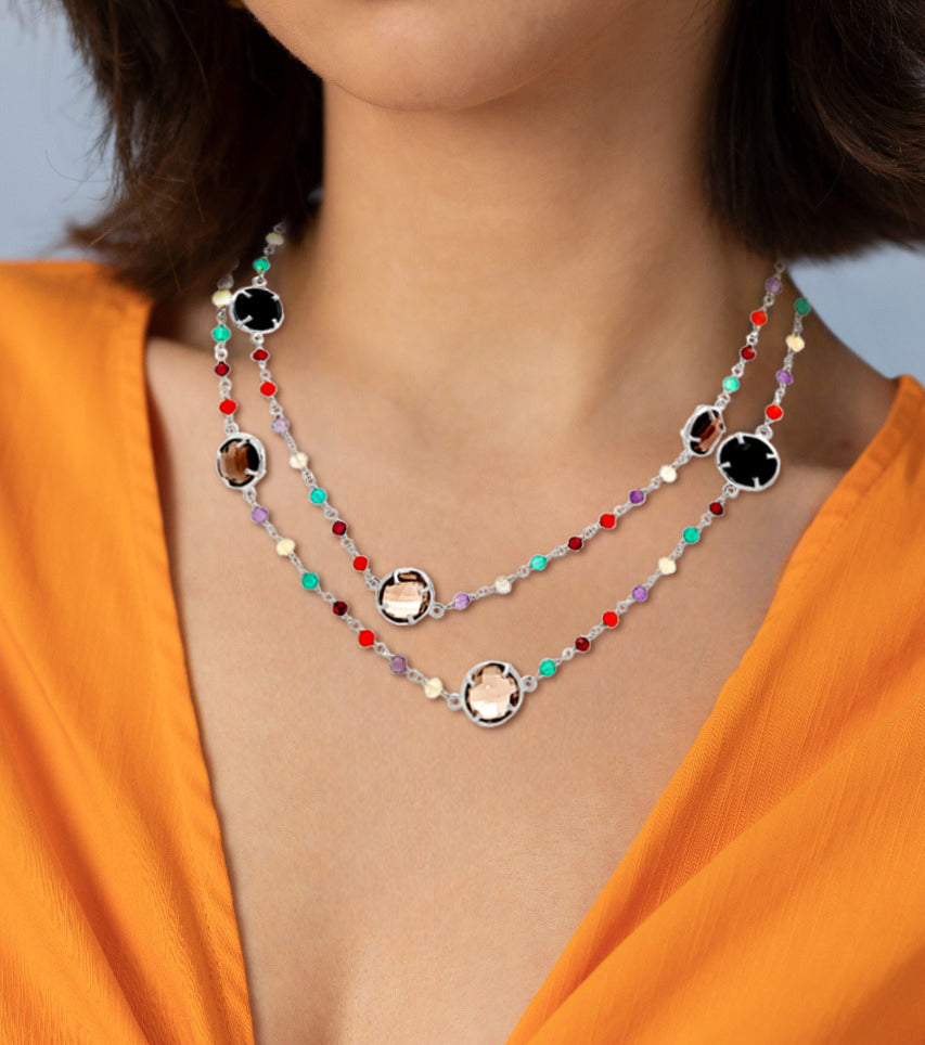Sterling Silver Beaded Chain Necklace with Multi-Gemstone