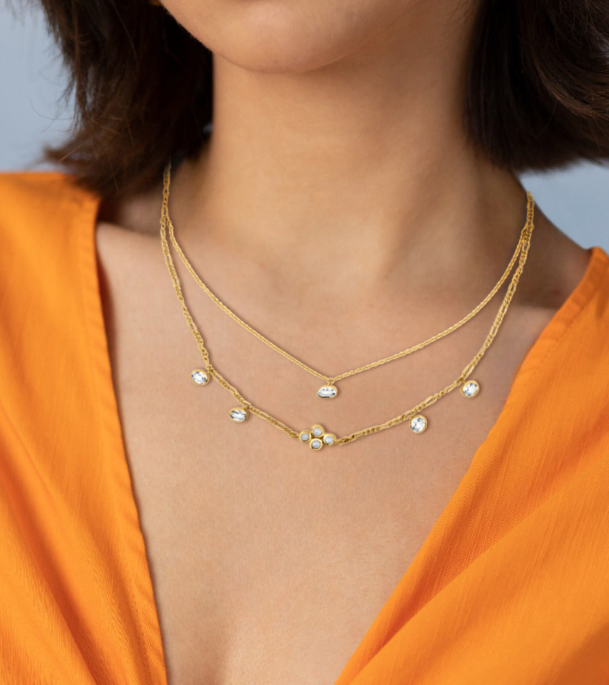 Sterling Silver Double Strand Chain with Crystal Bezel Beads