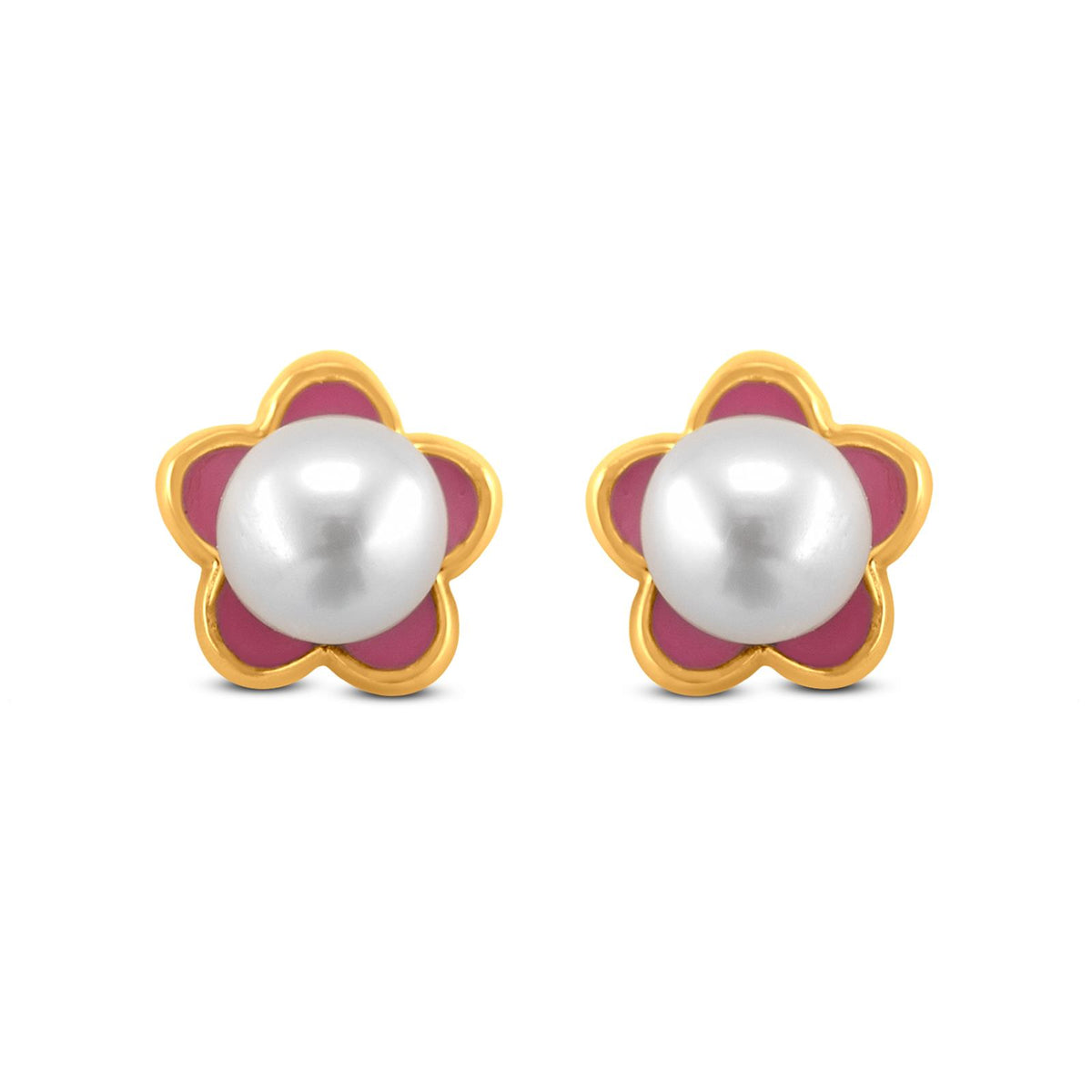 18k Gold Floral Pearl Studs: Enamel Elegance Meets Natures Beauty.