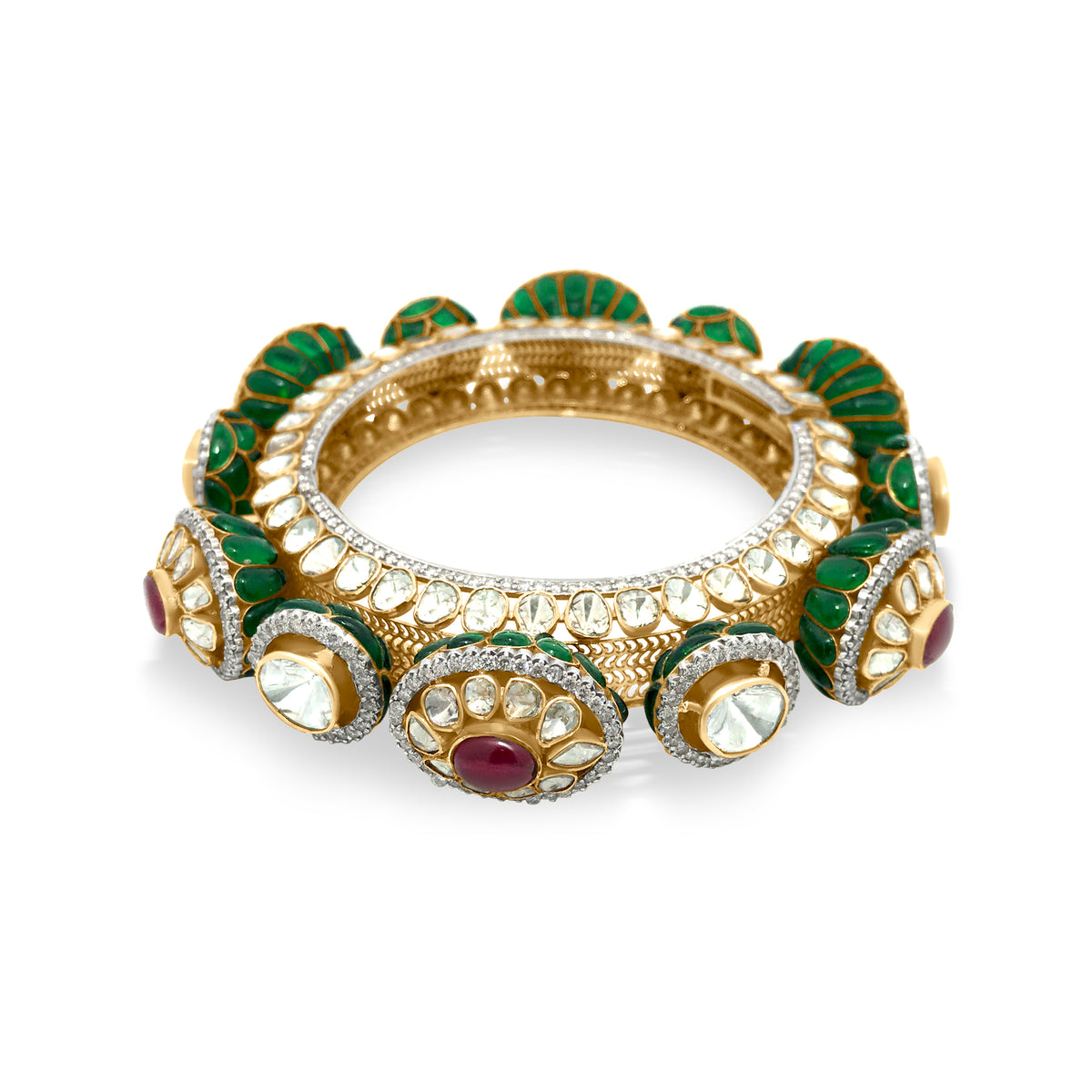 14K Yellow Gold Traditional Diamond, Polki And Emerald Bridal Bangle
