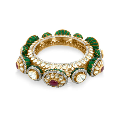 14K Yellow Gold Traditional Diamond, Polki And Emerald Bridal Bangle
