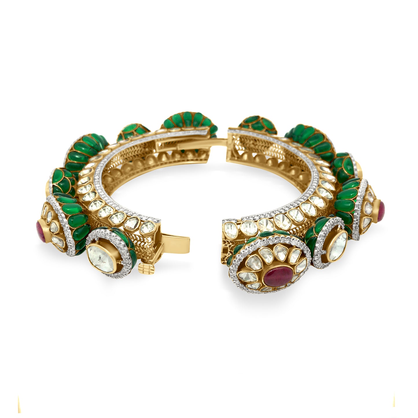 14K Yellow Gold Traditional Diamond, Polki And Emerald Bridal Bangle