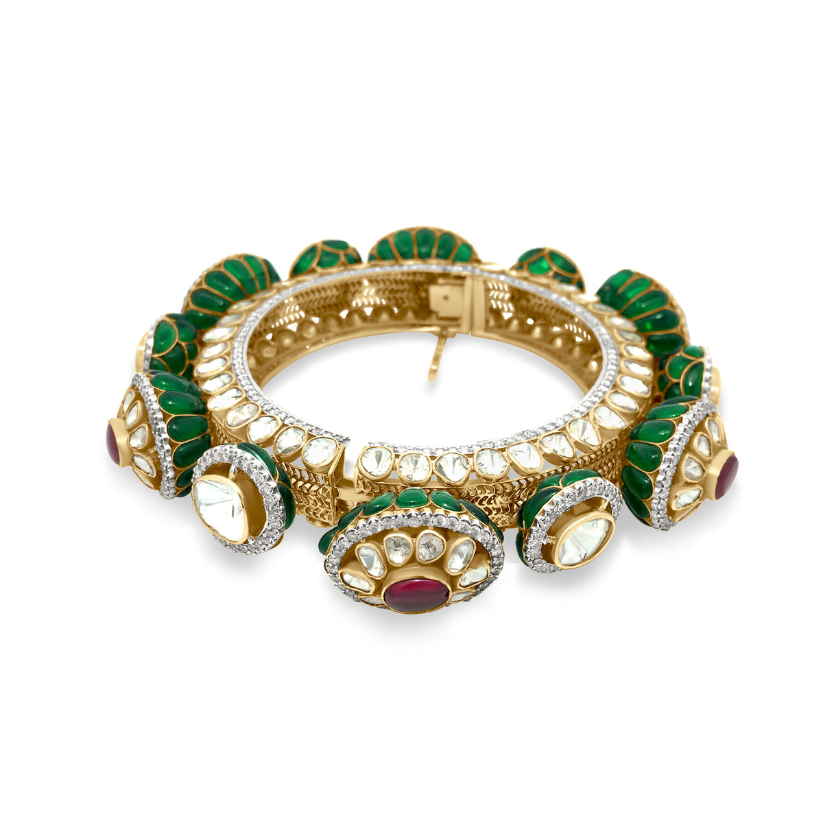 14K Yellow Gold Traditional Diamond, Polki And Emerald Bridal Bangle