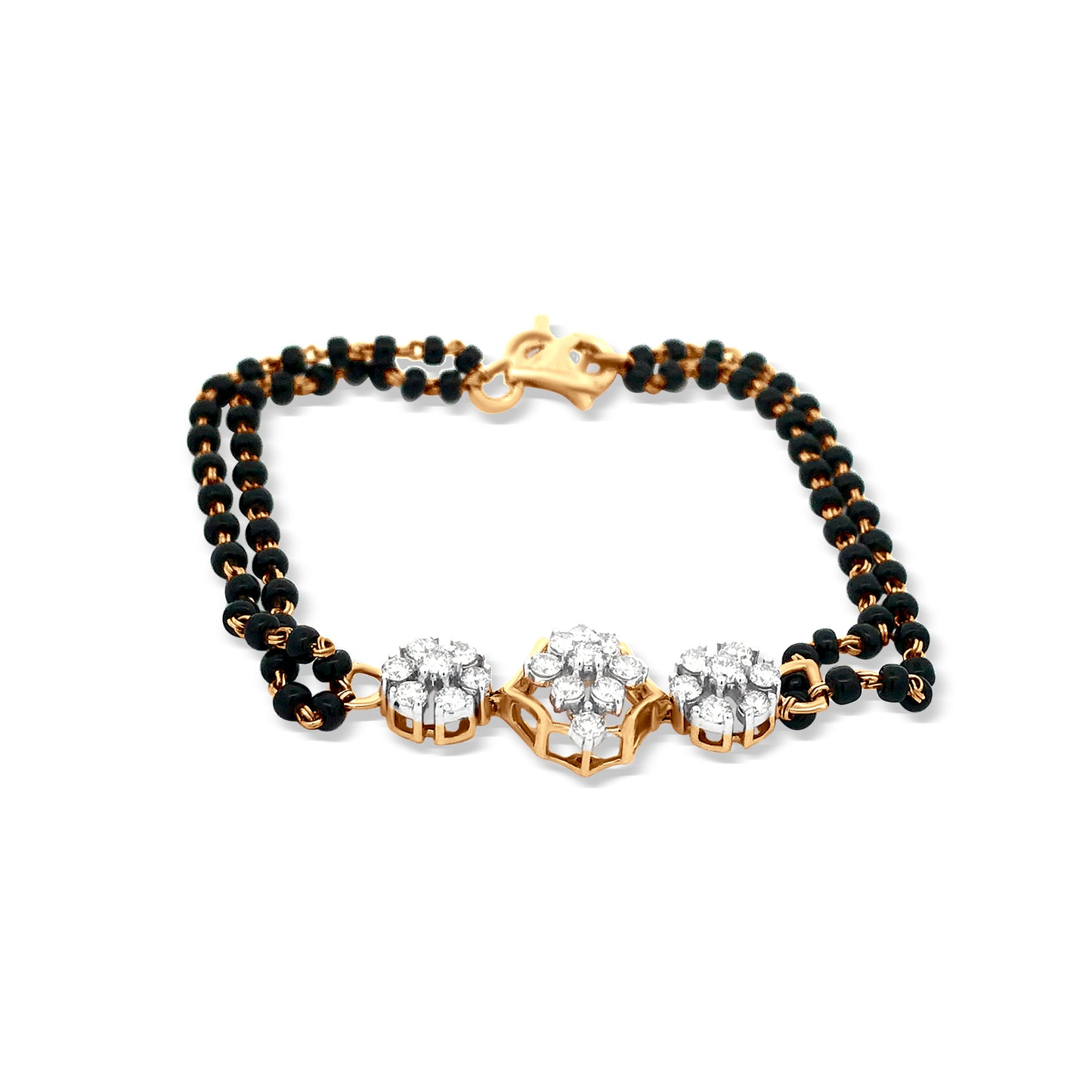 18K Yellow Gold Round Diamond Bracelet Fasten With Black Stone Link Chain