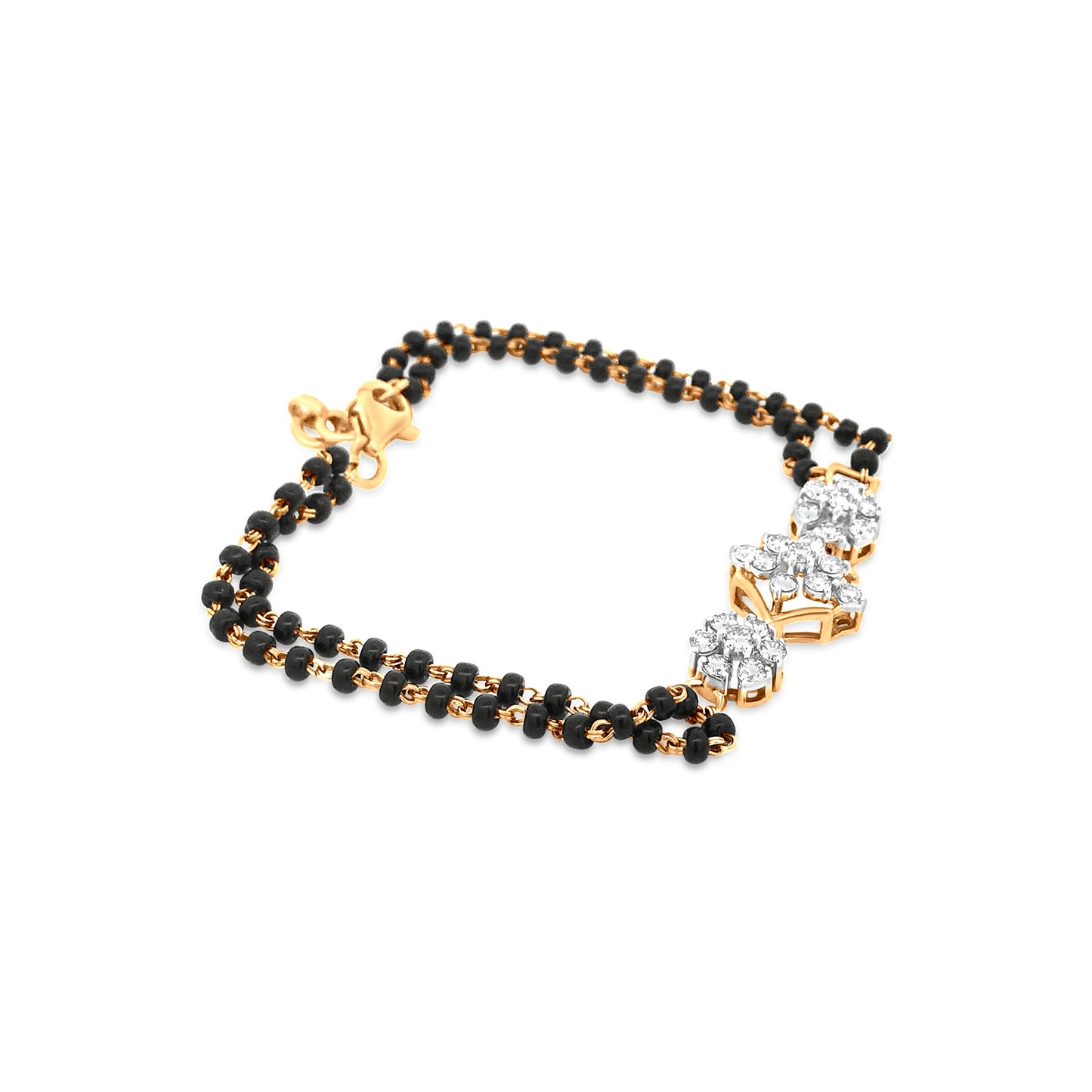 18K Yellow Gold Round Diamond Bracelet Fasten With Black Stone Link Chain