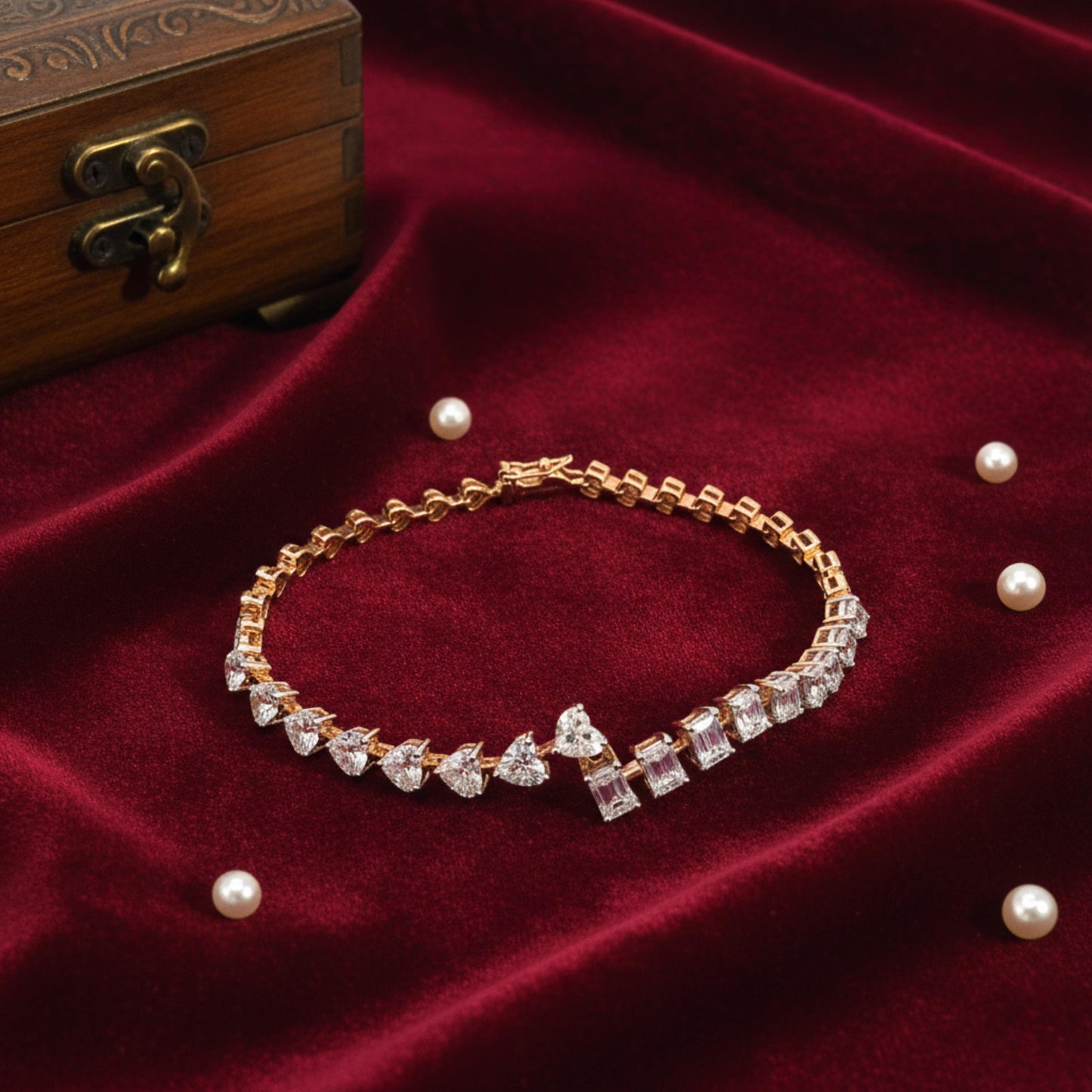 18K Gold Diamond Bracelet with Heart & Emerald-Cut Diamonds