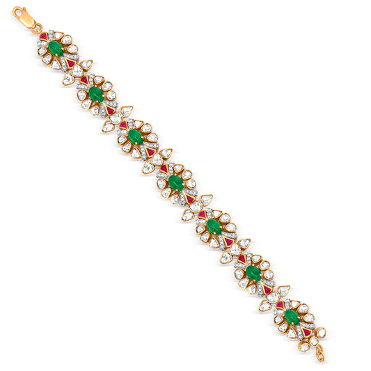 Traditional & Contemporary Emerald & Diamond Bracelet With A Splash Of Red Stone In 18K Yellow Gold