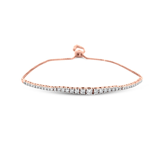 Stunning 18k Rose Gold Bolo Bracelet with 0.95 Round White Diamonds and Bolo Safety Lock.