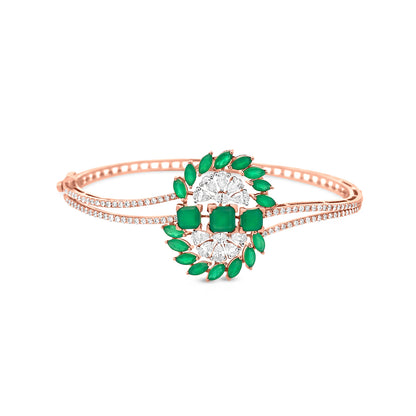 18K Rose Gold Diamond And Emerald Color Green Stone Split Shank Bangle
